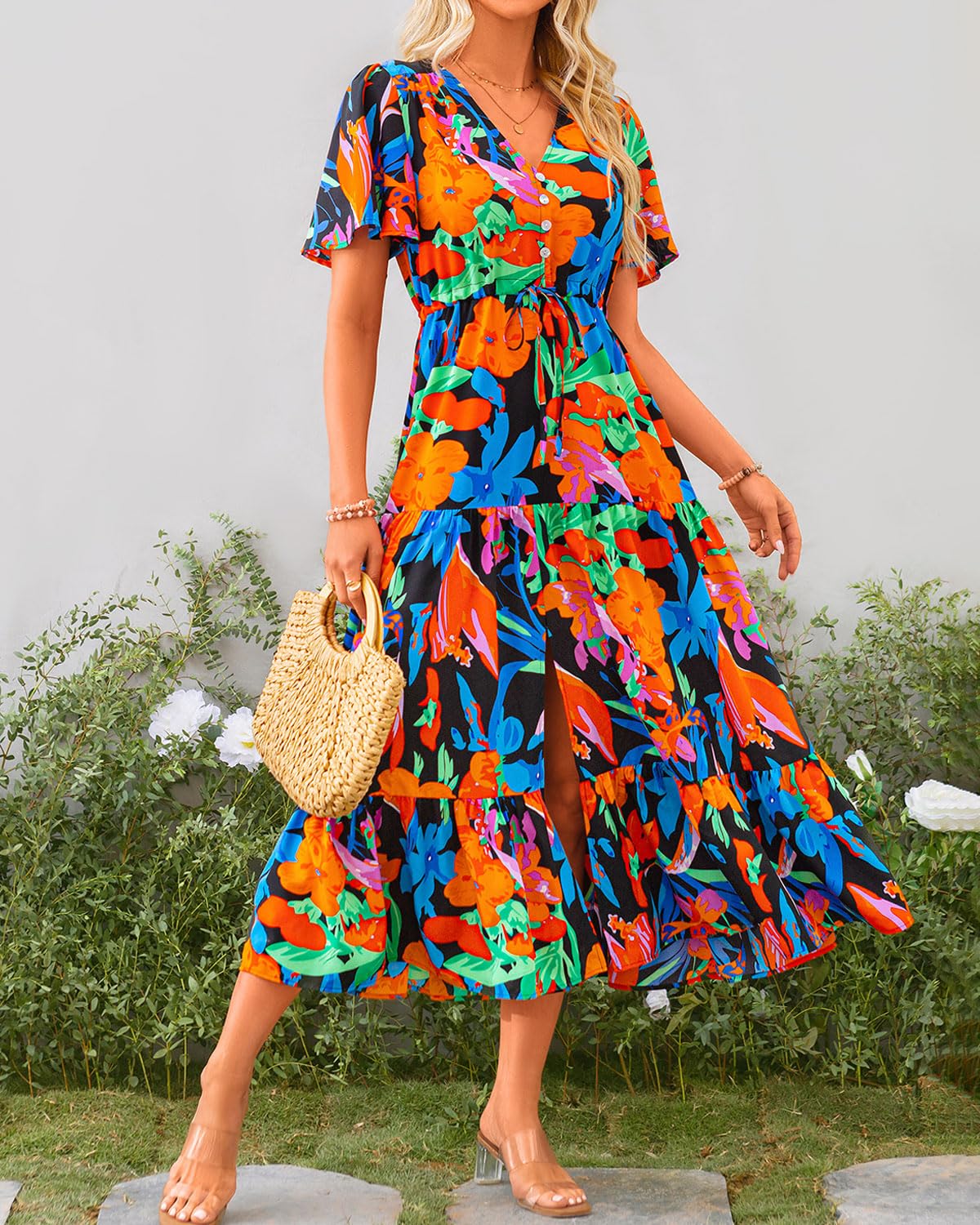 Zenlonr Vestidos de verano para mujer, estilo casual, de manga corta, cuello en V, con abertura, con botones, cordón, vestido largo para la playa