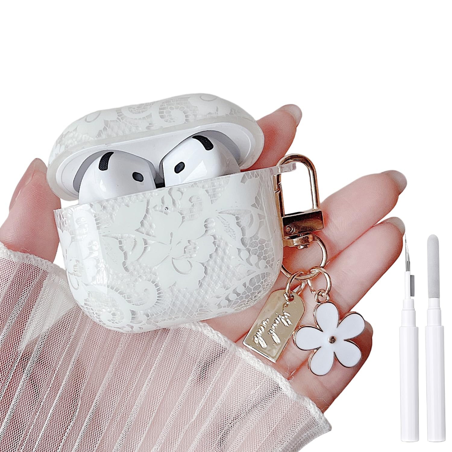 MINSCOSE for AirPods 4 Clear Case,Cute Lace Flower Pattern Design with Trendy Keychain,Soft TPU Protective Shockproof Cover with Cleaner Kit for Girls Women for AirPods 4-White