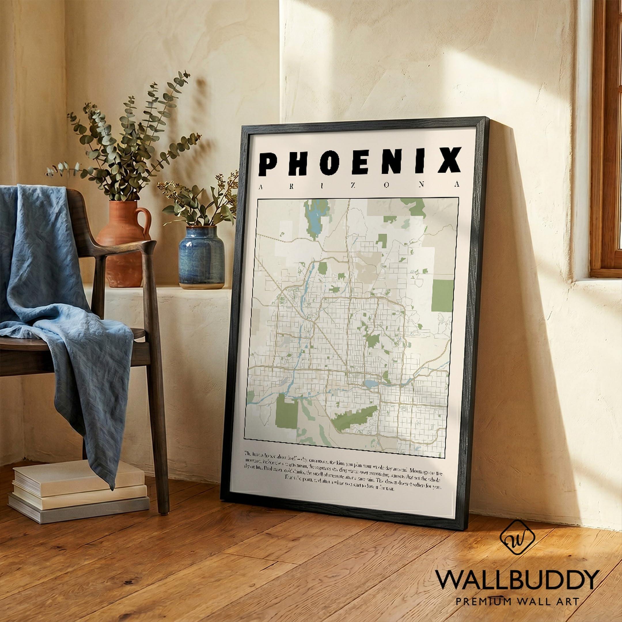 WallBUddy Phoenix Stadtkarte Wandkunst Druck (30 x 40 cm, Schwarz gerahmt)