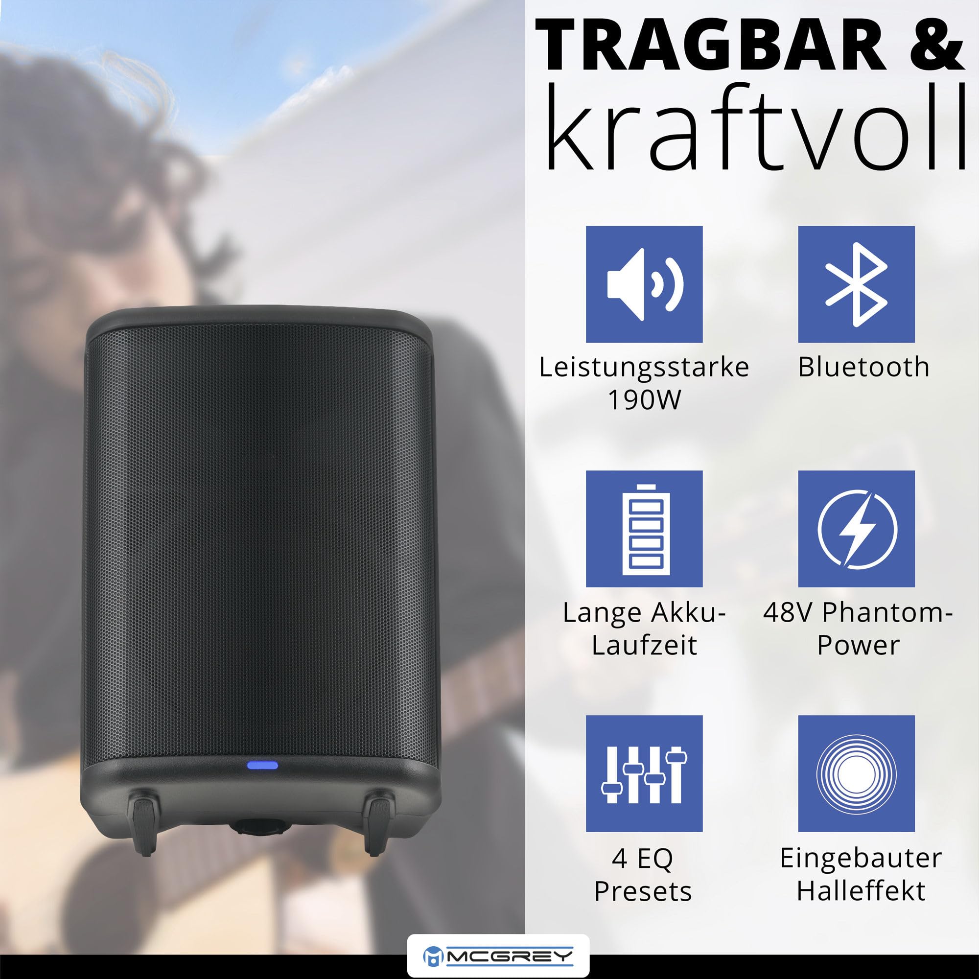 McGrey Move Compact Akku PA Lautsprecher - Mobile 8 Zoll Aktivbox mit Bluetooth und TWS, kraftvoller Sound für Events, Party und Präsentation, bis 8 Stunden Laufzeit - Schwarz