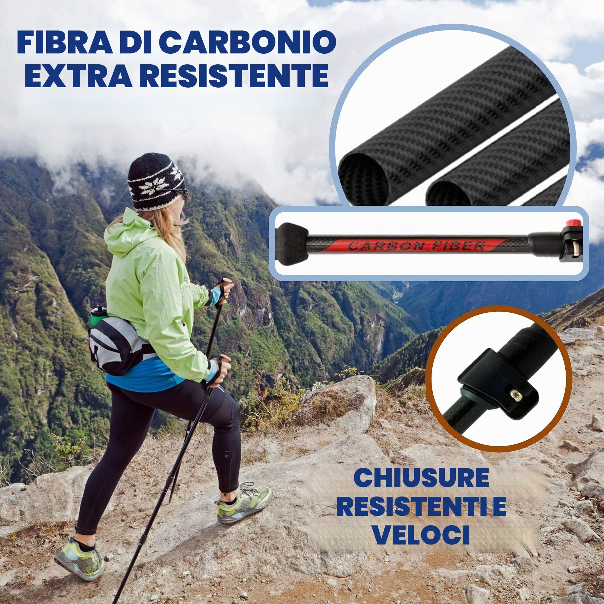 Bastoncini da trekking pieghevoli in 100% fibra di carbonio con sistema di bloccaggio rapido | Bastone ultraleggero per escursionismo montagna campeggio | Impugnatura in sughero, Coppia