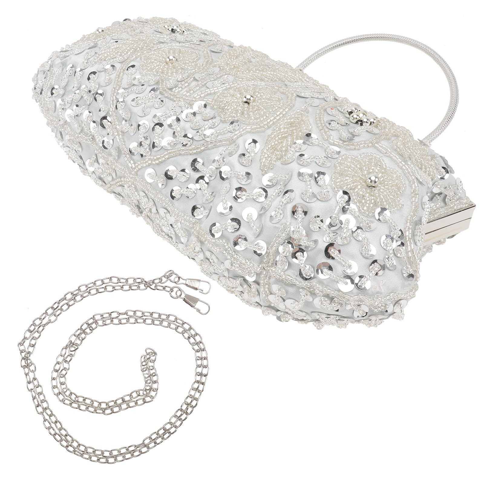 SHERCHPRY Pochette da Cerimonia Vintage Donna, Ricamo Floreale, Argento