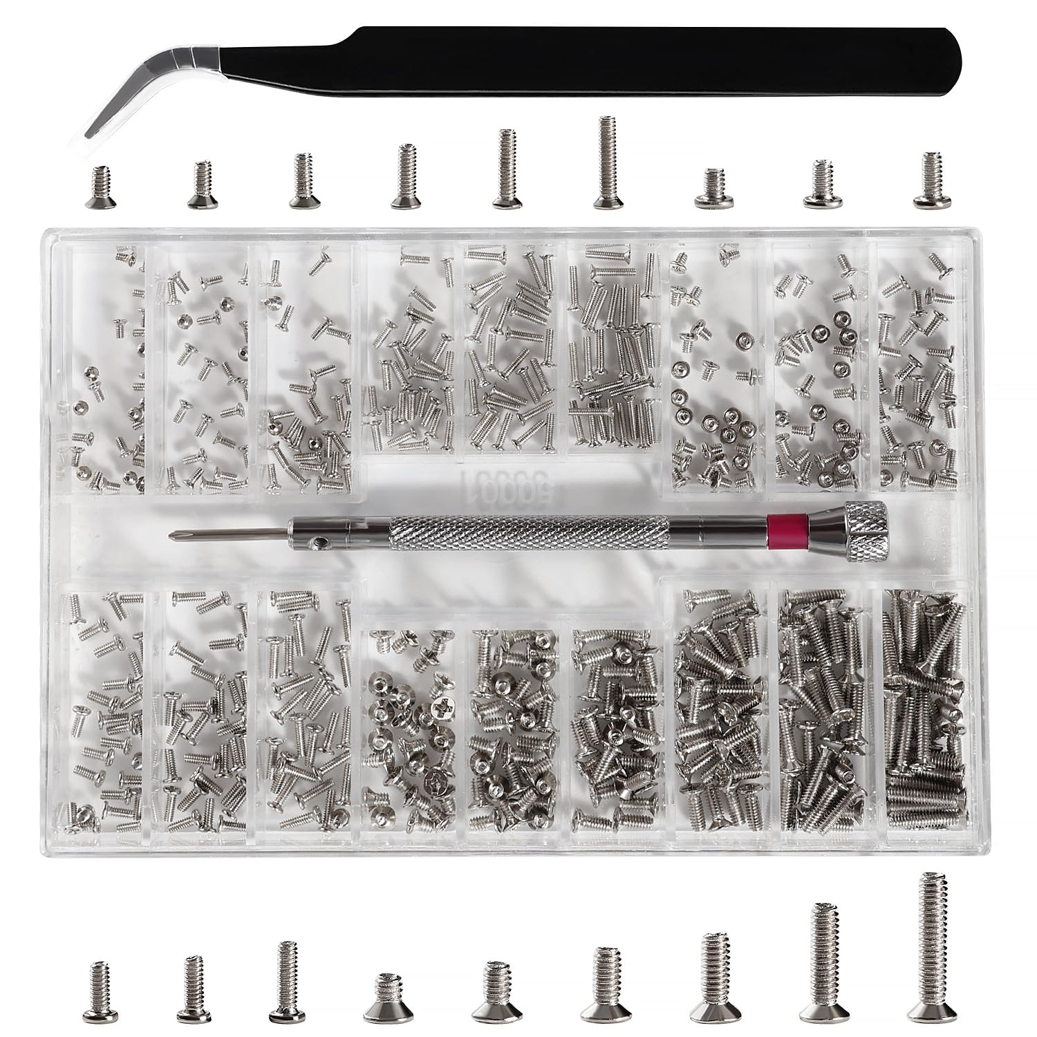 Lyeteung 500 PCS 18 Sizes M1.2/M1.4/M2 Tiny Micro Repair Screw Kit, Electronic Repair Micro Screws, Tiny Micro Screws Set, with Screwdriver and Tweezers, for Spectacles, Laptop, Watches, Silver