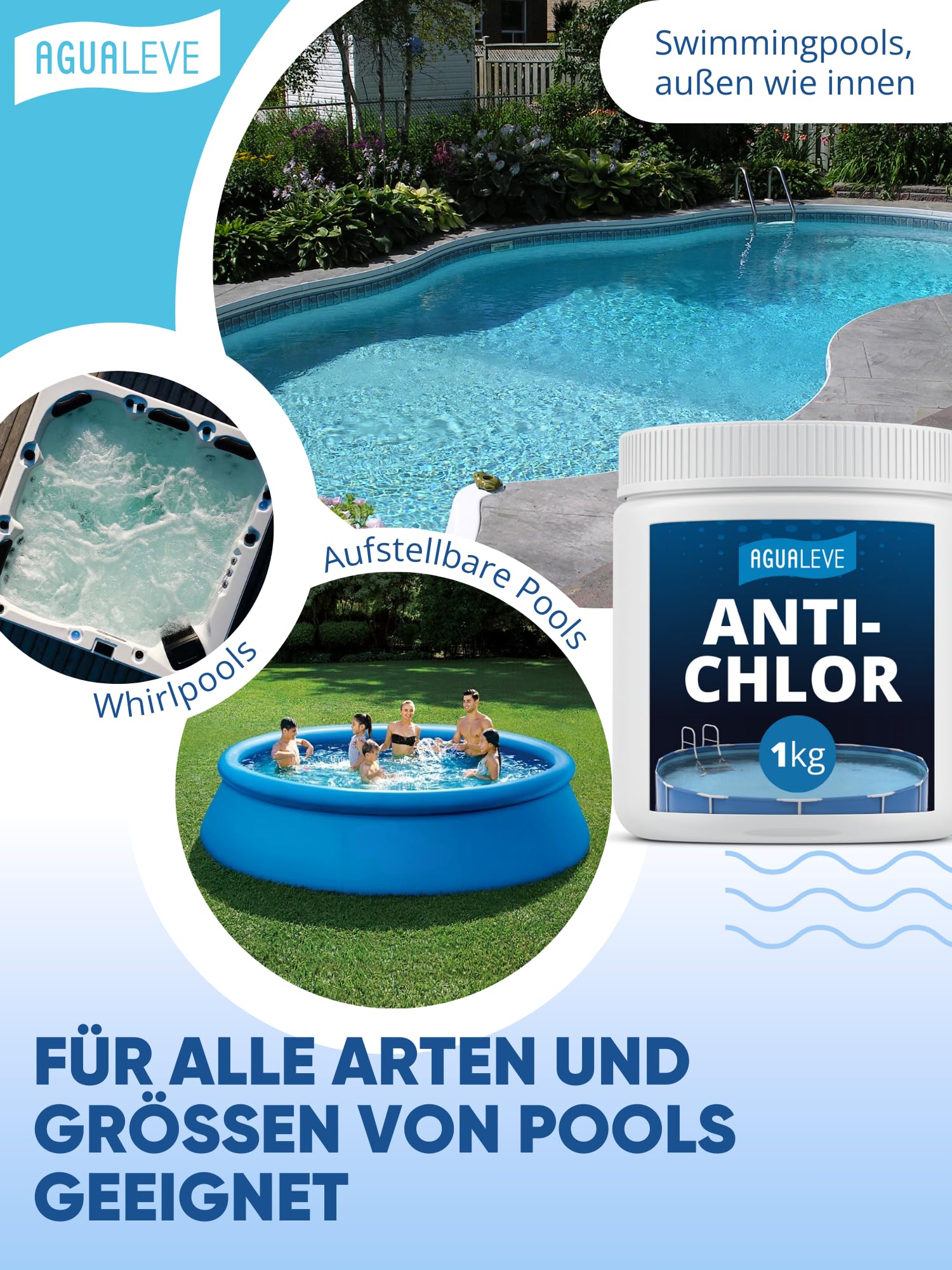 AGUALEVE® Antichlor 1kg | Reduziert BZW. eliminiert Chlor präzise und schnell | für Pools, Aufstellpools, Whirlpools jeder Art und Größe | Markenqualität Made in Germany | mit Note 1,2 getestet