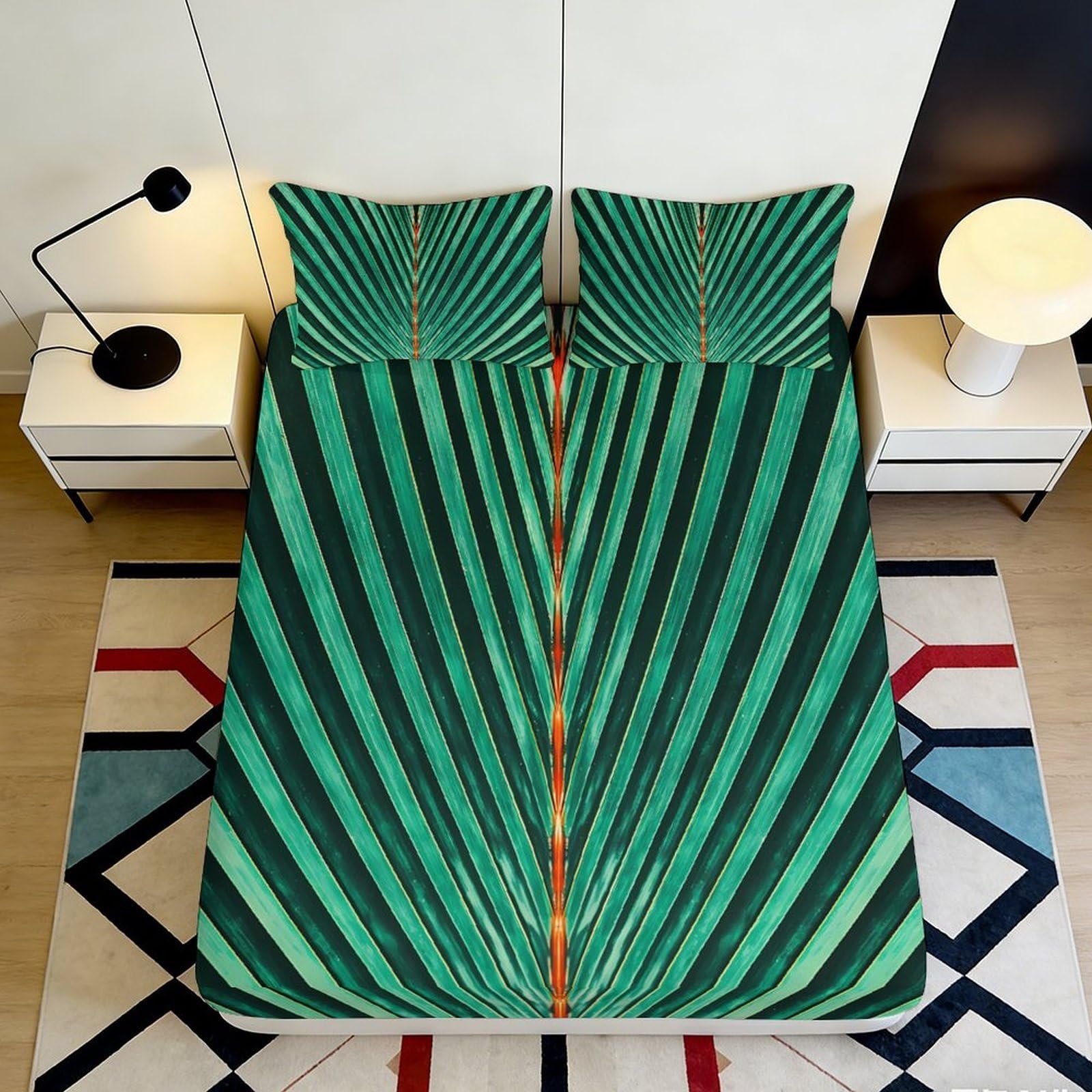 3D Printed Tropical Palm Leaf Fitted Sheet Microfiber Mattress Cover Stripe Green Bed Cover Bedroom Decor 90x200x25cm