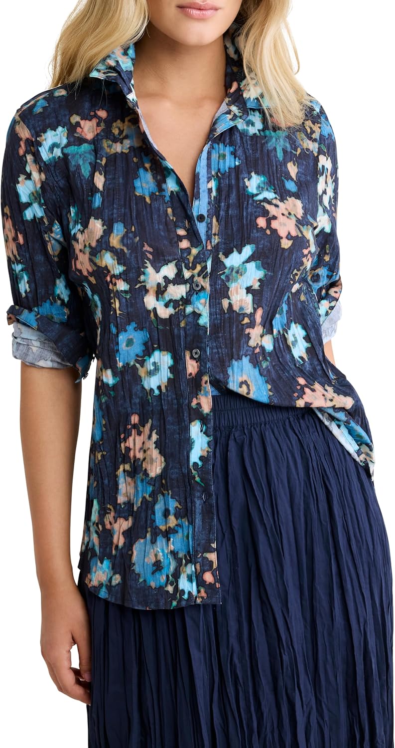 NIC+Zoe Women's Pattern Mix Crinkle Texture Button Down Cotton Shirt