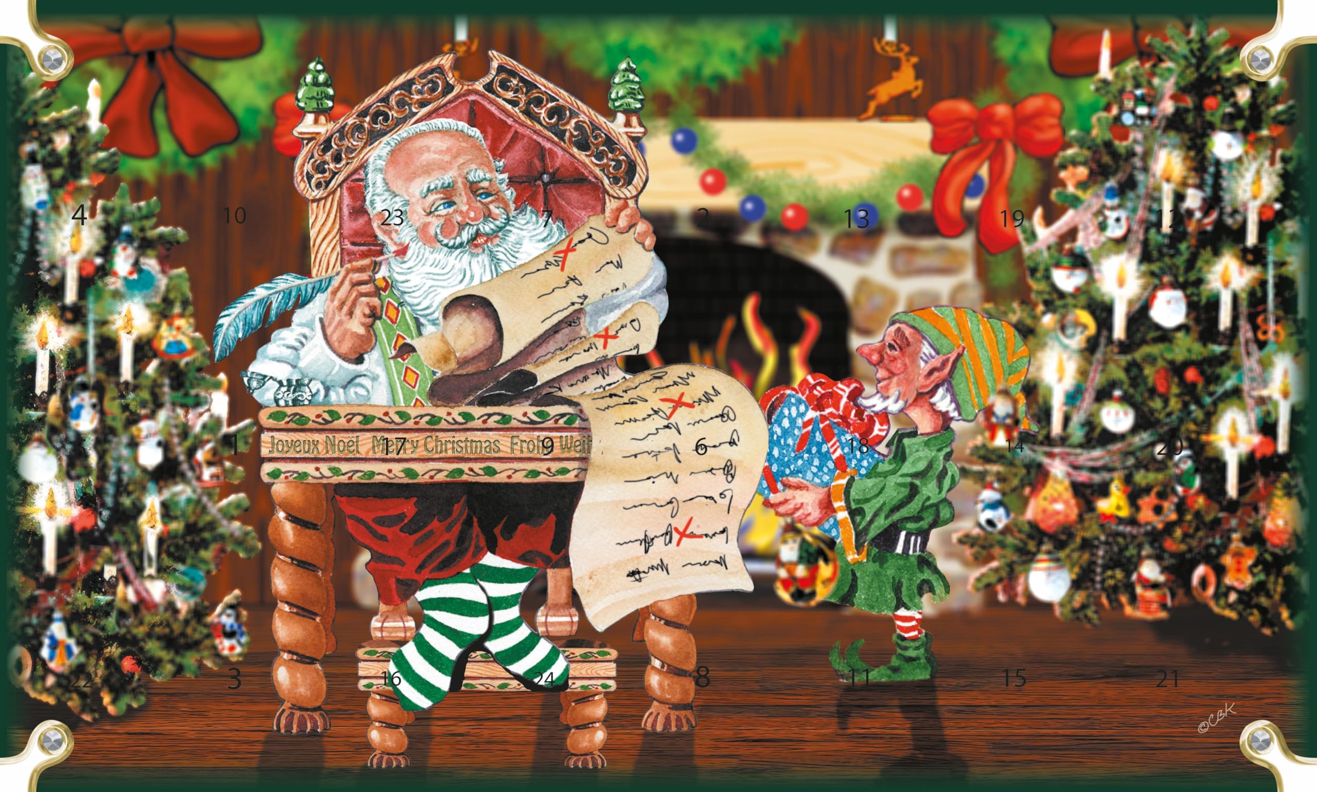 Krebs Glas Lauscha - Weihnachtsdeko/Baumschmuck - Adventskalender 24 Anhänger aus Glas - Motiv: Weihnachtsmann mit Liste - Größe der Anhänger: ca 3 cm