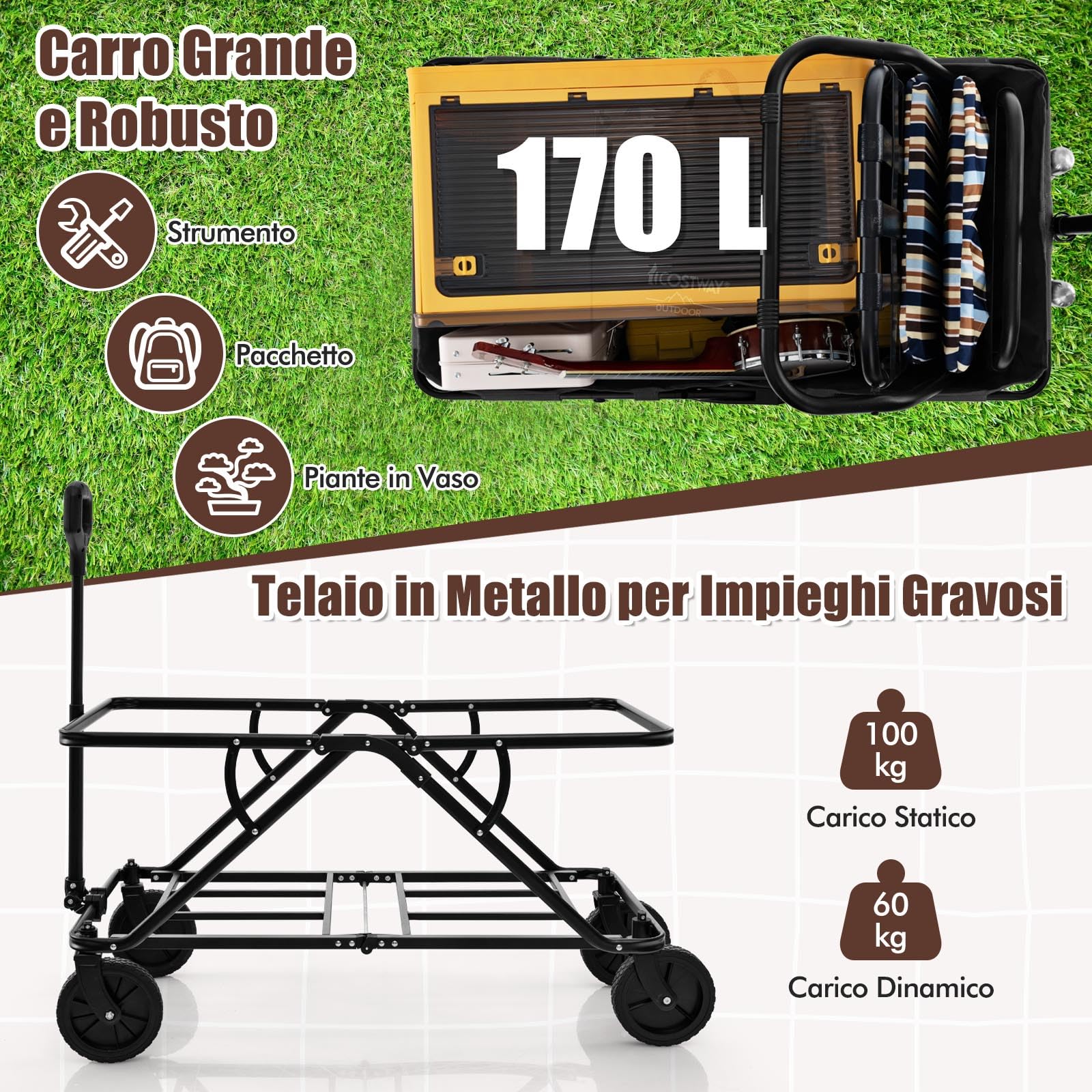 COSTWAY Carrello da Spiaggia Pieghevole 170 L, Carrello con Ruote Portatutto con Maniglia Regolabile e 360° Ruote, Portabottiglie e Tasca Portaoggetti, Carretto Giardino per Campeggio (Grigio)