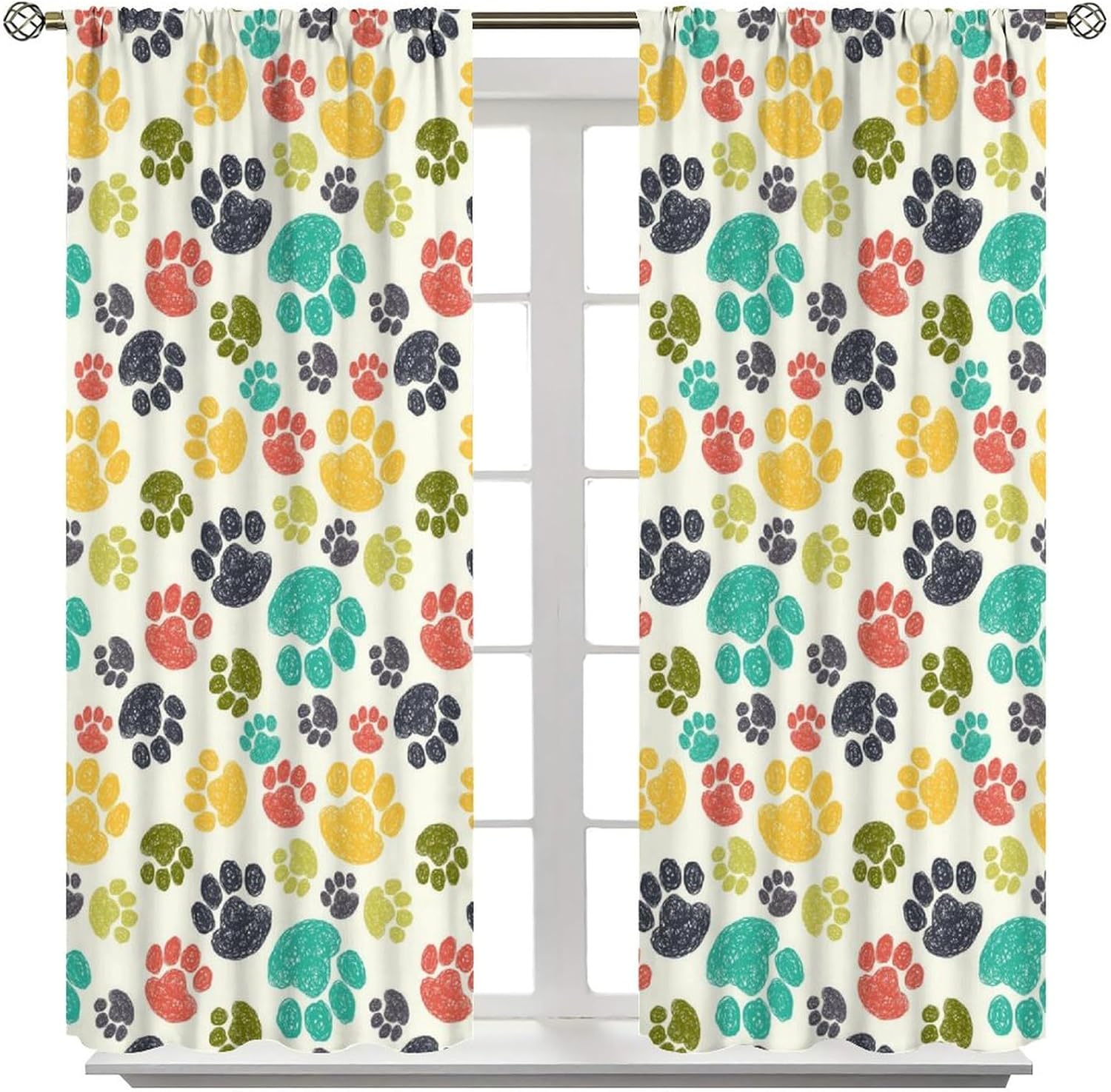 Dog Curtains Hand Drawn Paw Print Doodles Circular Pattern Children Drawing Art Printed Blackout Window Drapes for Home Decor Fabric Set 2 Panel 42x45 Inch 80% Shading Rate