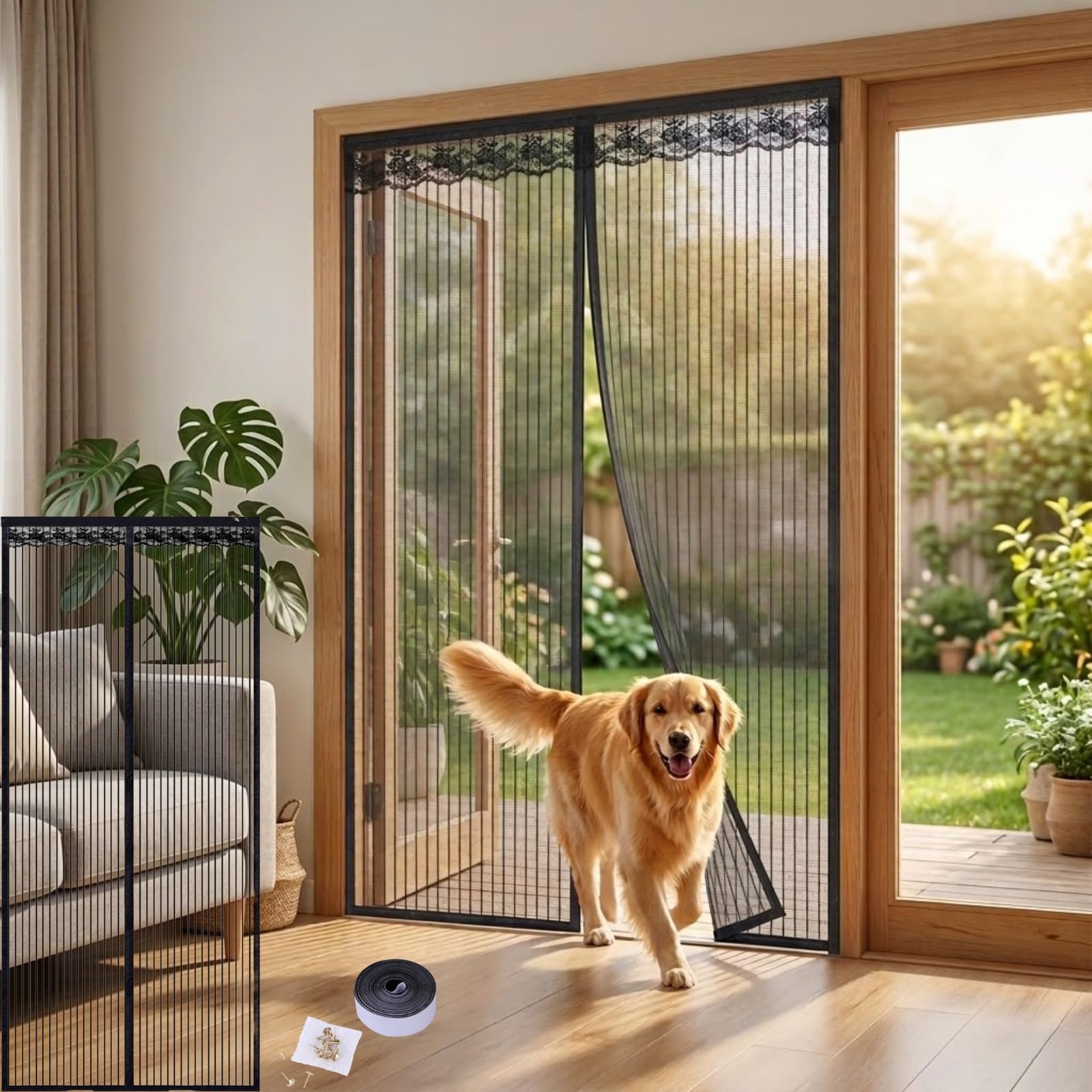 Magnetic Fly Screen Door Mesh Curtain, Heavy Duty Fiberglass Door Screen with Powerful Magnets, Hands-Free Self-Sealing Net for Patio, Balcony, 90 x 210cm, Black(Black,37x79in(95x200cm))