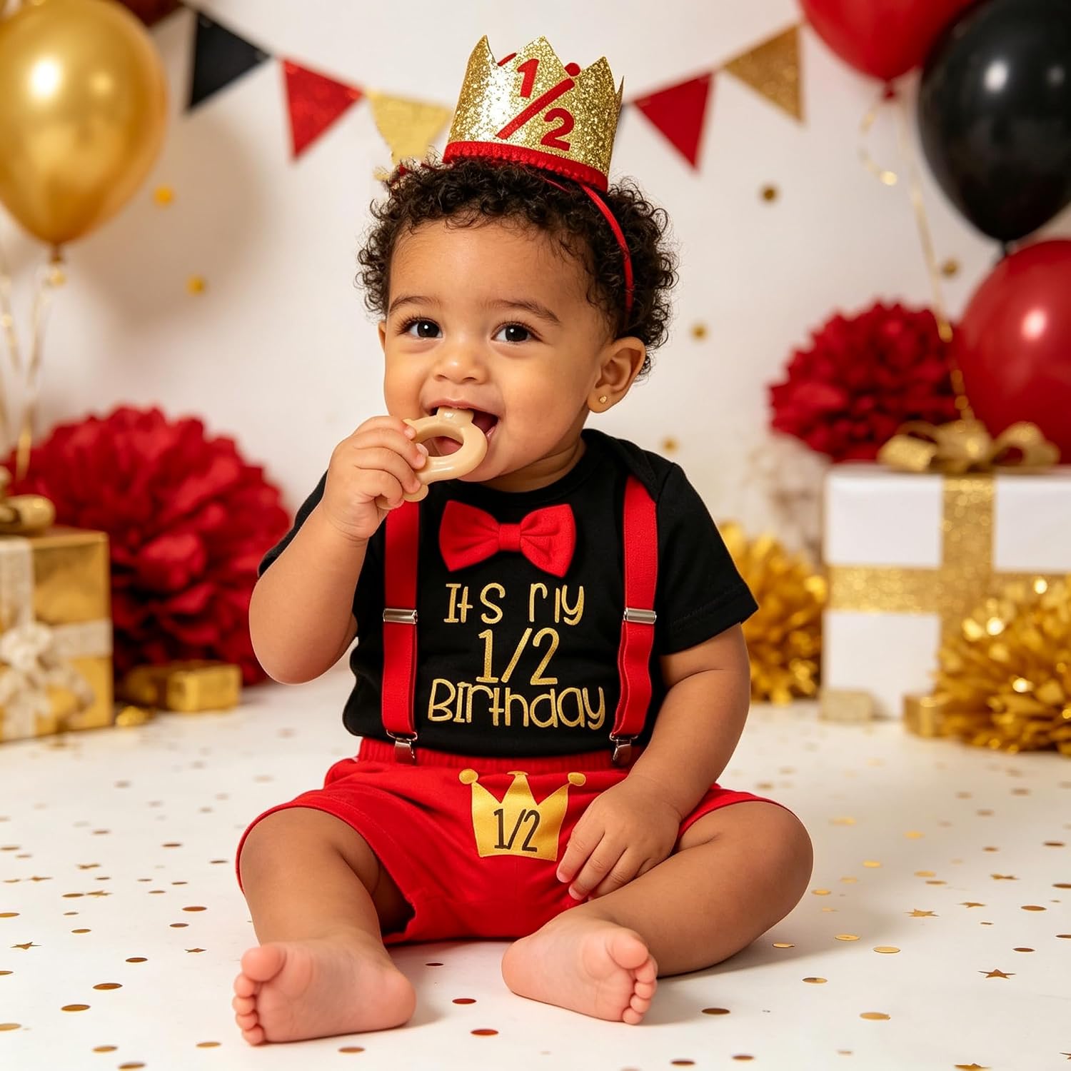 Baby Boy 1/2 First Birthday Outfit Half Way to One Birtday Cake Smash 4pcs pants Set Suspenders Romper Photo Shoot