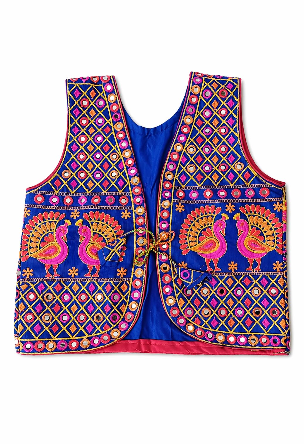 Women's Embroidered Ethnic Sleeveless Jacket, Blue with Peacock Motif, Mirror Work, Traditional Indian Style-image-14