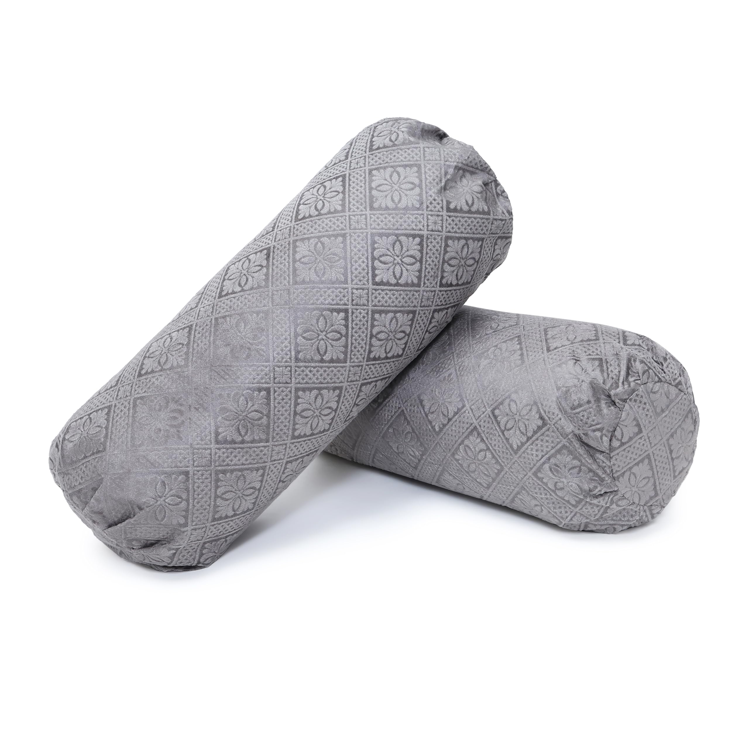 Decorative Bolster Pillow Cover, Embossed Floral Pattern, Cylindrical Shape, Set of 2 (Grey, 32 * 16 Inch)-image-14