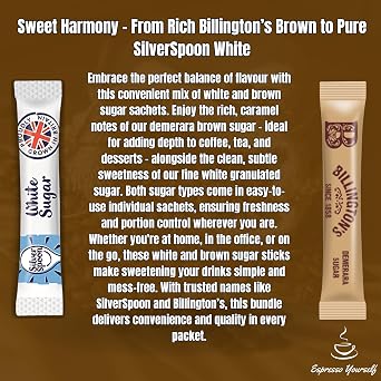 200x Sugar Sachets – 100 White (Silver Spoon) & 100 Brown (Billington’s) Sugar Sticks | Individually Wrapped | Perfect for Home, Office, Camping & Travel | Espresso Yourself Bundle