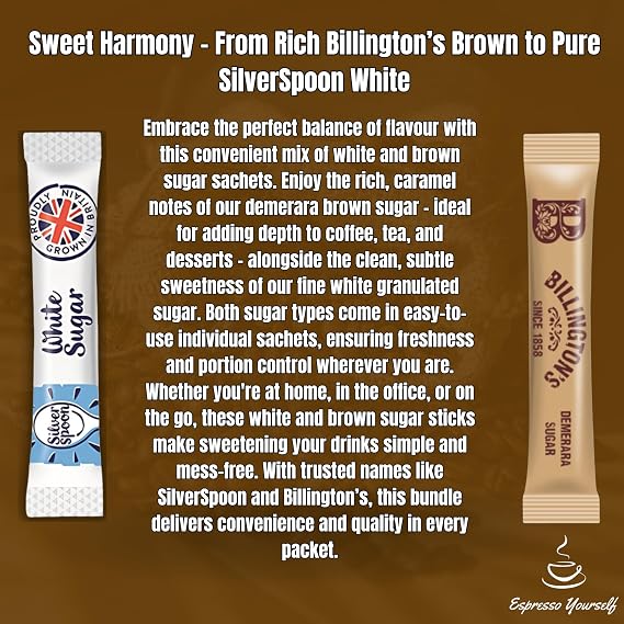 200x Sugar Sachets – 100 White (Silver Spoon) & 100 Brown (Billington’s) Sugar Sticks | Individually Wrapped | Perfect for Home, Office, Camping & Travel | Espresso Yourself Bundle