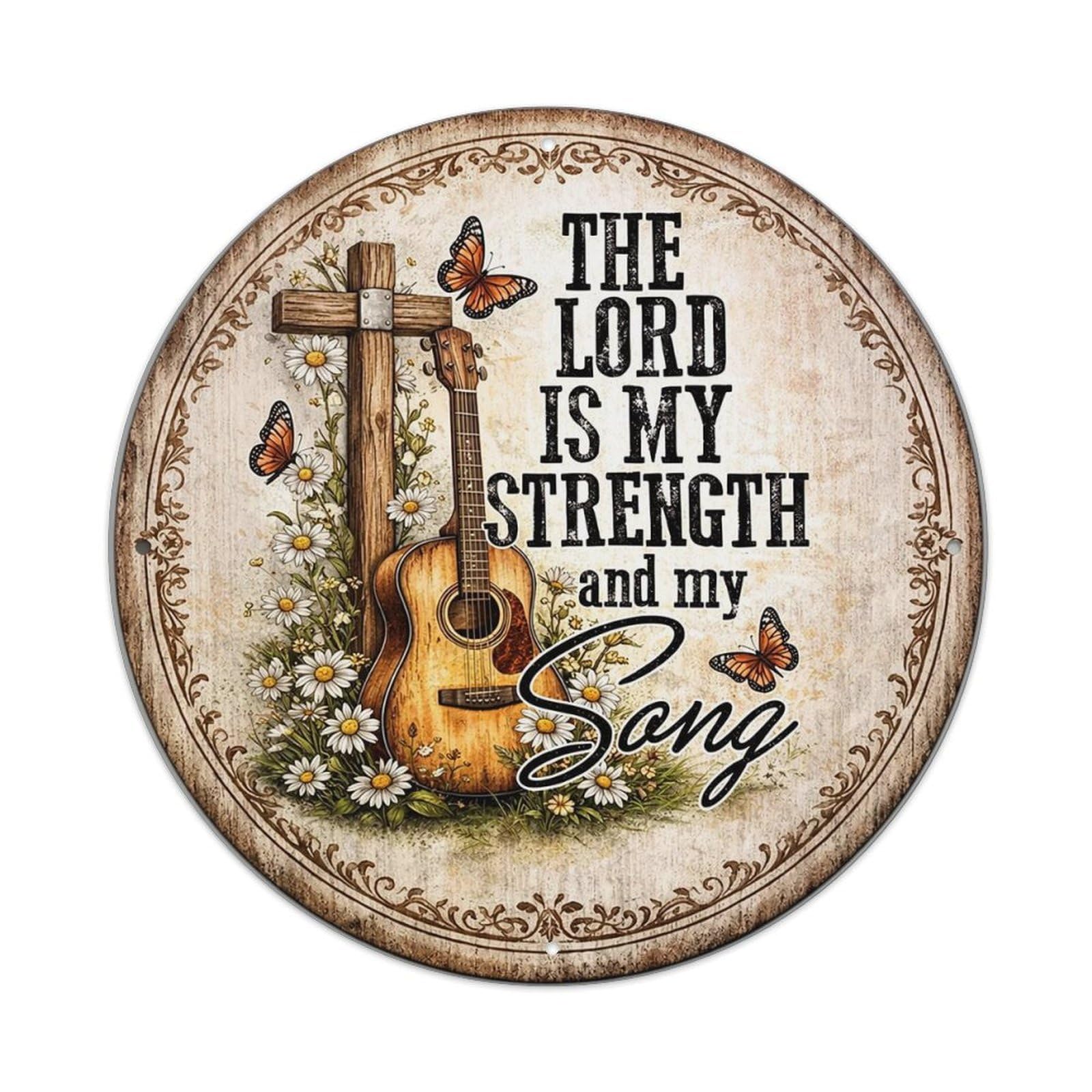 The Lord Is My Strength Vintage Metal Tin Sign Retro Wall Decor for Home Bar Garage Cafe, Indoor & Outdoor Decorative，circle Metal Poster, 8x8 Inch