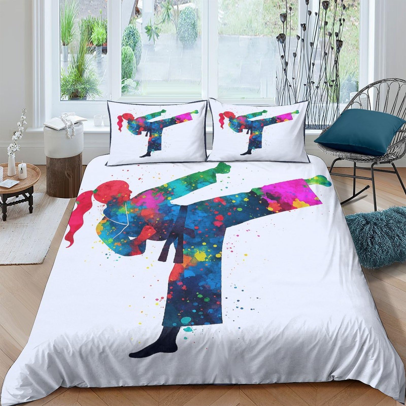 Ctjqhvkz Style-3 3D Printed Karate Kick Fitted Sheet Microfiber Vibrant Martial Arts Bed Cover For Bedroom Guest Room Decor Single（135X200cm）
