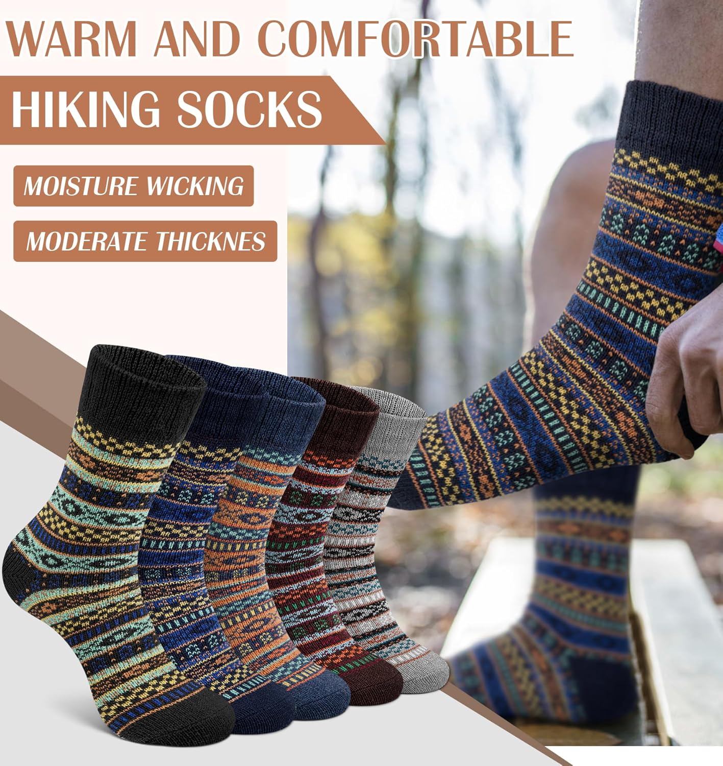 YSense 5 Pairs Mens Wool Socks Winter Warm Knit Causal Crew Socks for Men - Image 5