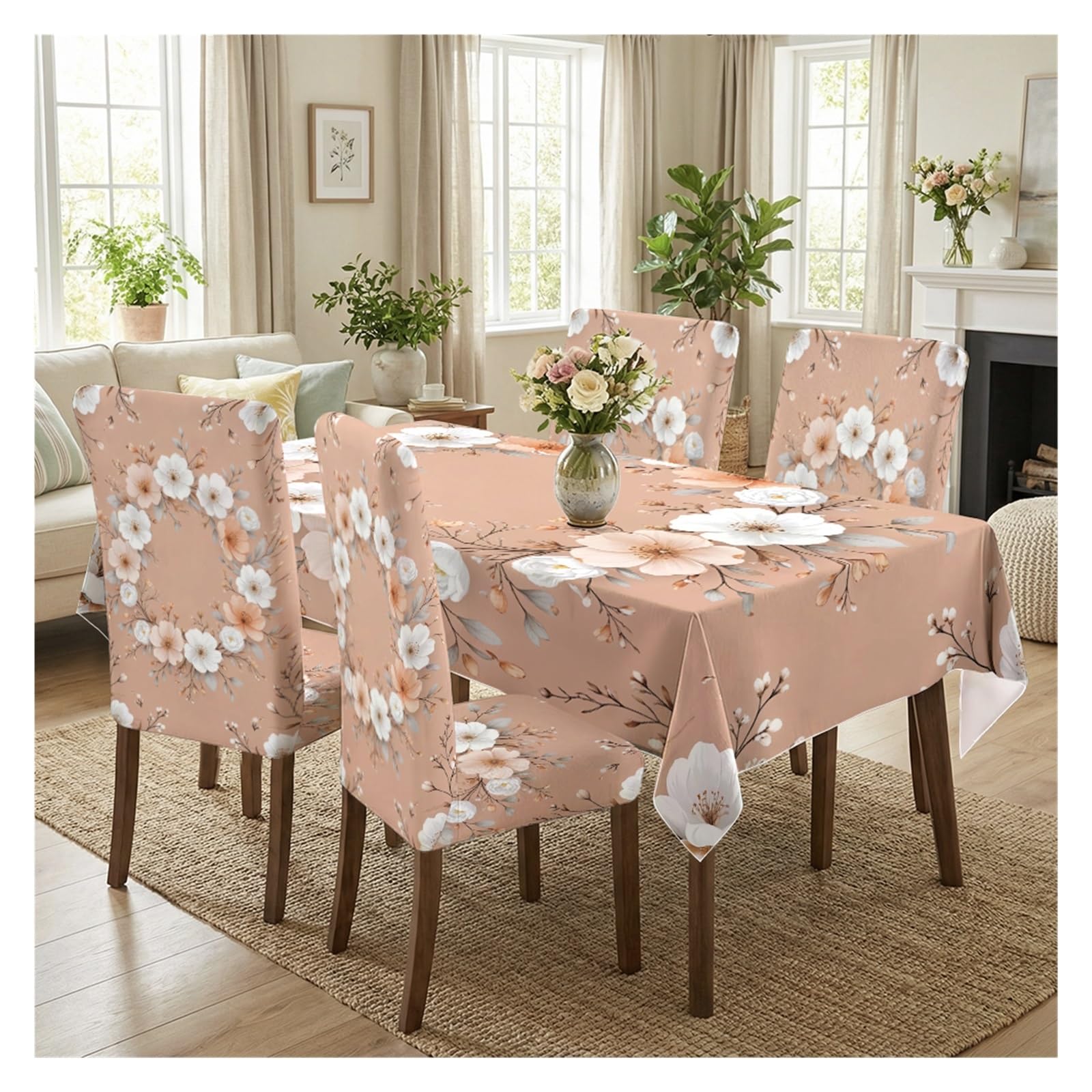 KXUAUV Peach & White Cherry Blossom Stretch Chair Covers & Tablecloth Set, For Dining Room Kitchen Bridal Shower Spring Party Decor, 5/7 Pack Party Decor(5pcs Set: Tablecloth+Chair Covers)