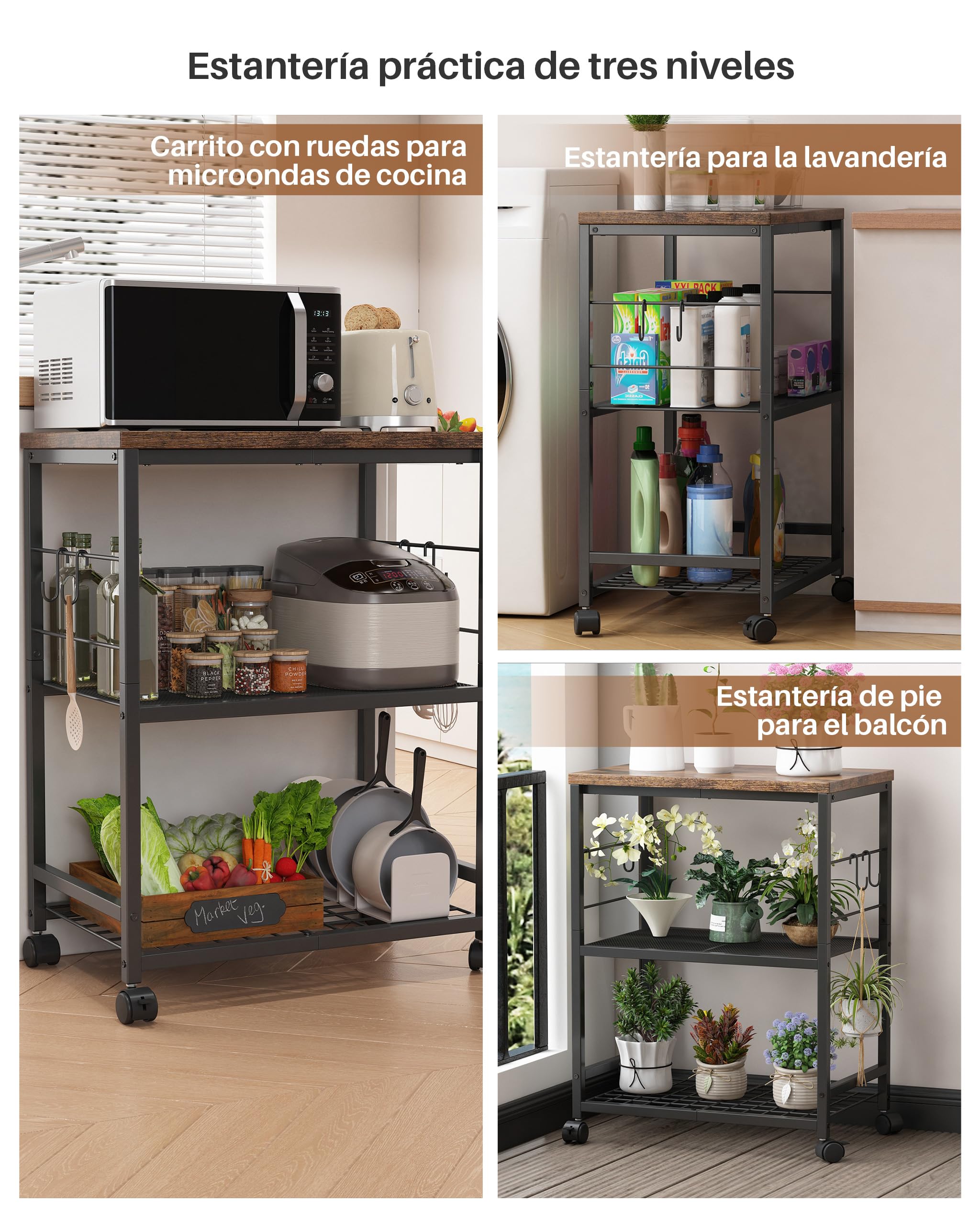 Estante de Cocina para Microondas con Ruedas, Carrito de Cocina | 3 Niveles, Metálico, Carrito de Almacenamiento, Ideal para Organizar el Salón o la Oficina