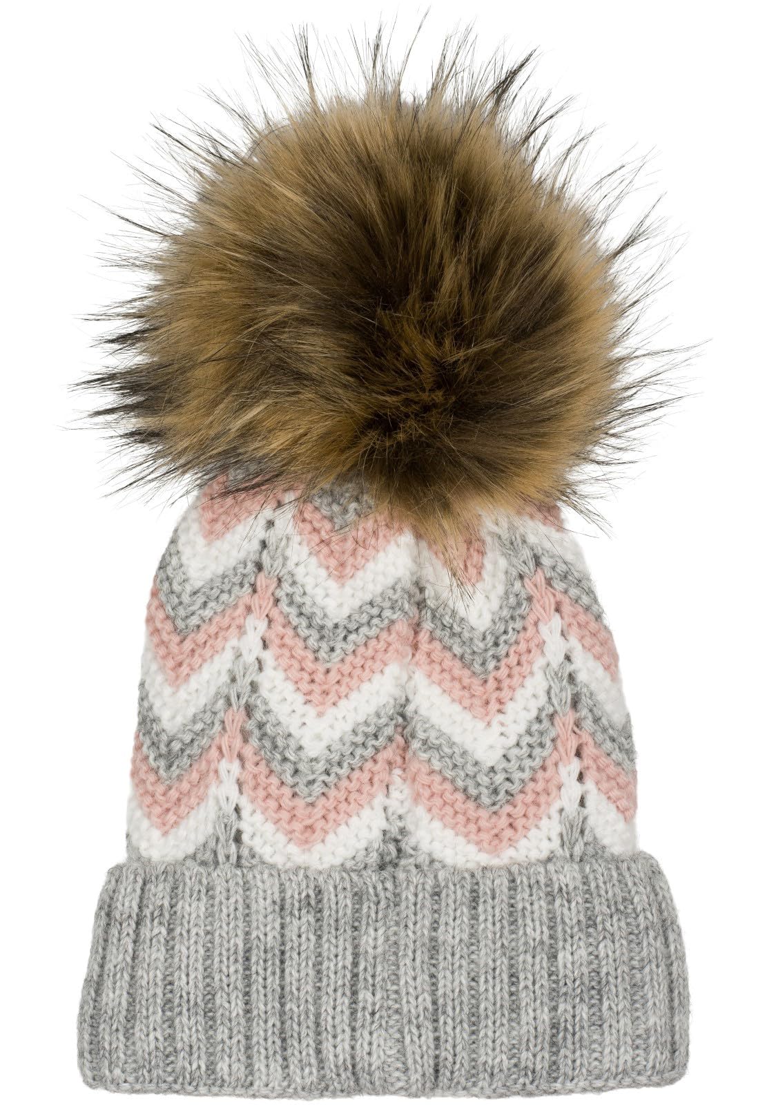 Stylebreaker Women's Lightgrey-Rose-White Knitted Pom Pom Hat With Zig-Zag Pattern And Fleece Lining, Winter Fur Pom Pom Hat, Knitted Hat 04024188, Colour: