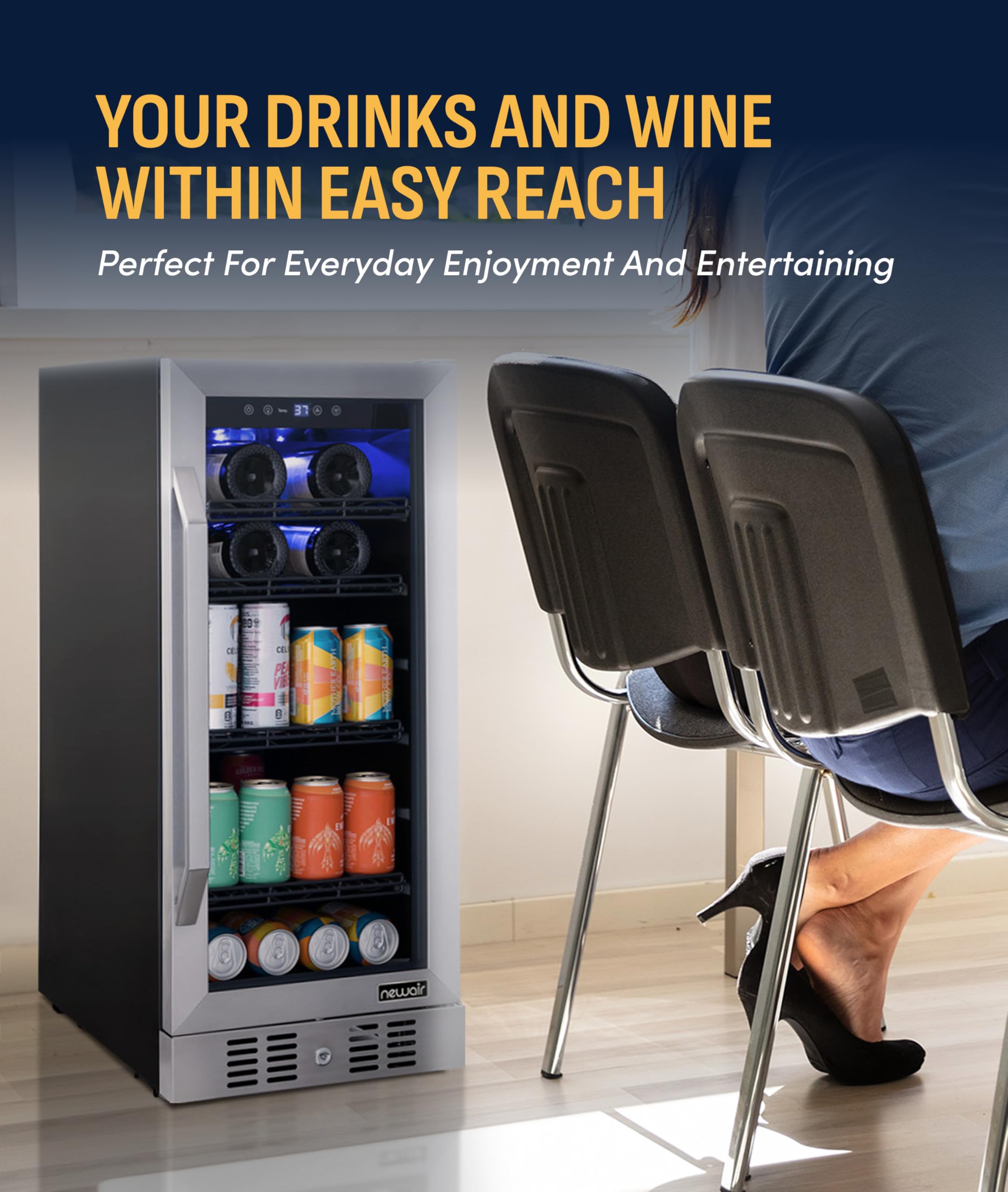 NewAir 15" Single Zone Beverage & Wine Fridge Beverage Refrigerator & Wine Cooler For 33 Bottles / 80 Cans | Freestanding Or Built-In Under Counter Mini Fridge For Beer, Wine & Soda | Stainless Steel on Fridge.com - View 3