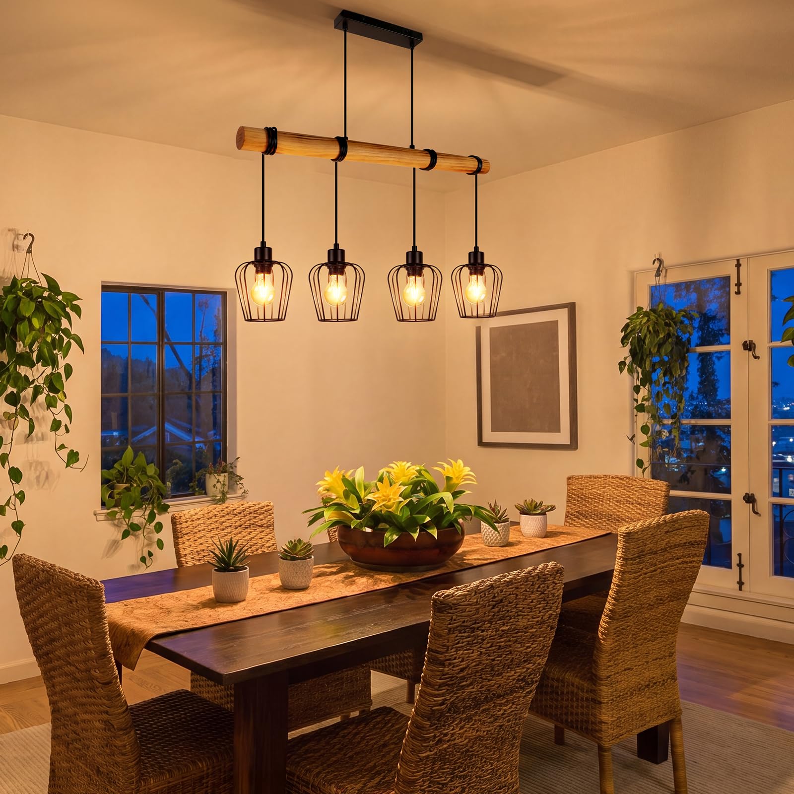 ZMH Retro Pendelleuchte Vintage Hängelampe 4 flammige Holz Esszimmerlampe Pendellampe Wohnzimmer im Industrial Design mit höhenverstellbaren Strahlern - Schwar - Fassung: E27 - ohne Leuchtmittel