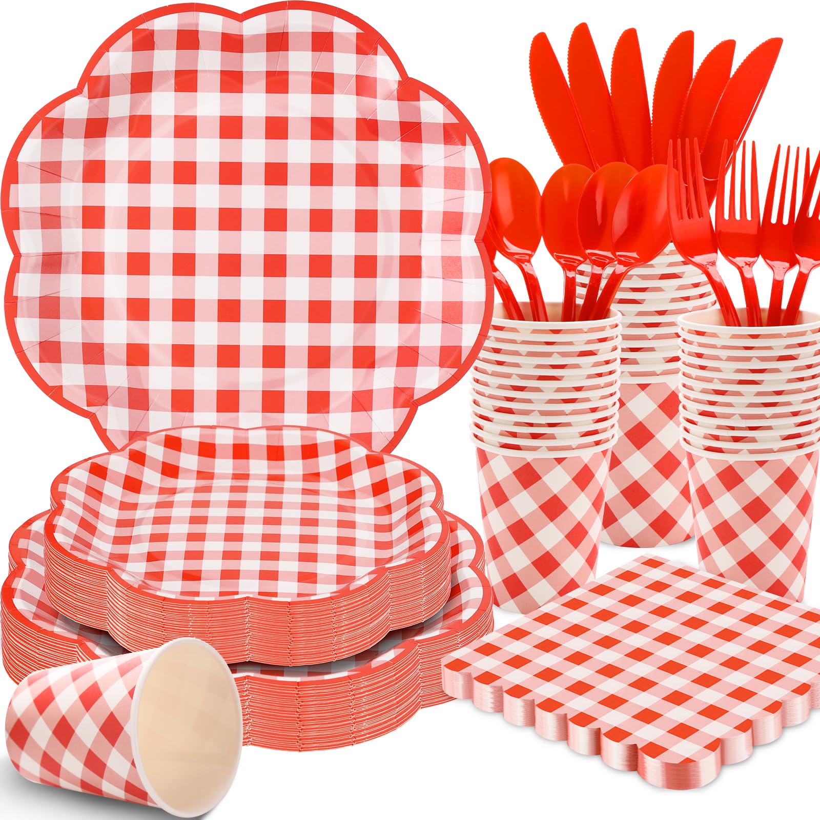 350 Pcs Red Gingham Plates and Napkins Party Supplies - Red and White Checkered Plates Sets Serve 50 Guests - Scalloped Gingham Paper Plate for Birthday Picnic Wedding Party Decorations