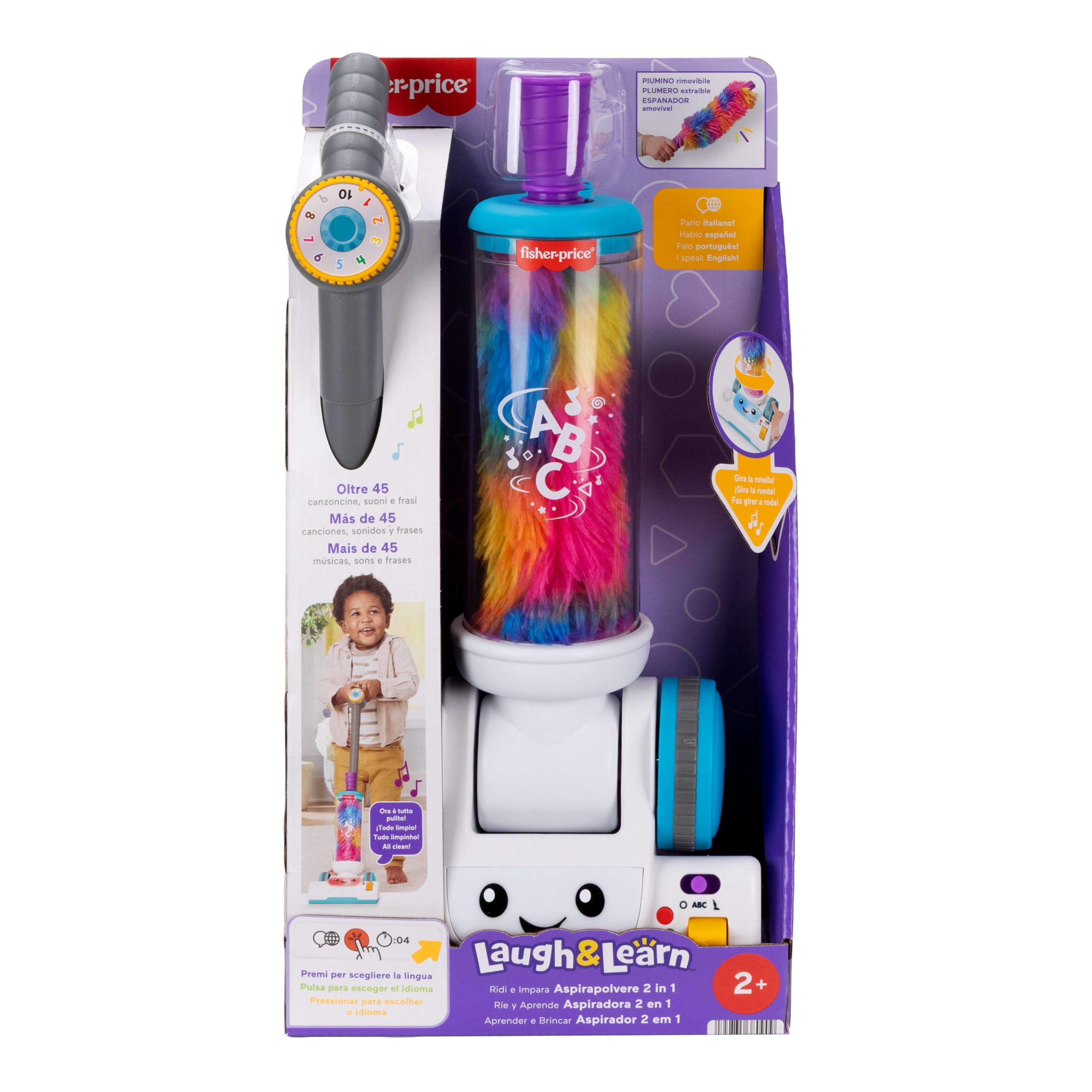 Fisher-Price Aspirapolvere e Spolverino 2 in 1 Set Giocattolo con 45 Canzoni Luci Suoni Italiano 2+ Anni JMM34
