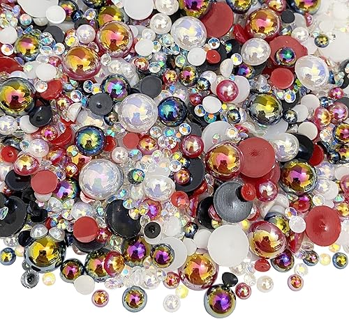 Mezcla de diamantes de imitación de resina con parte trasera plana, 1.76oz, perlas medias redondas, tamaño mixto, 0.31 a 0.39 pulgadas, color AB,