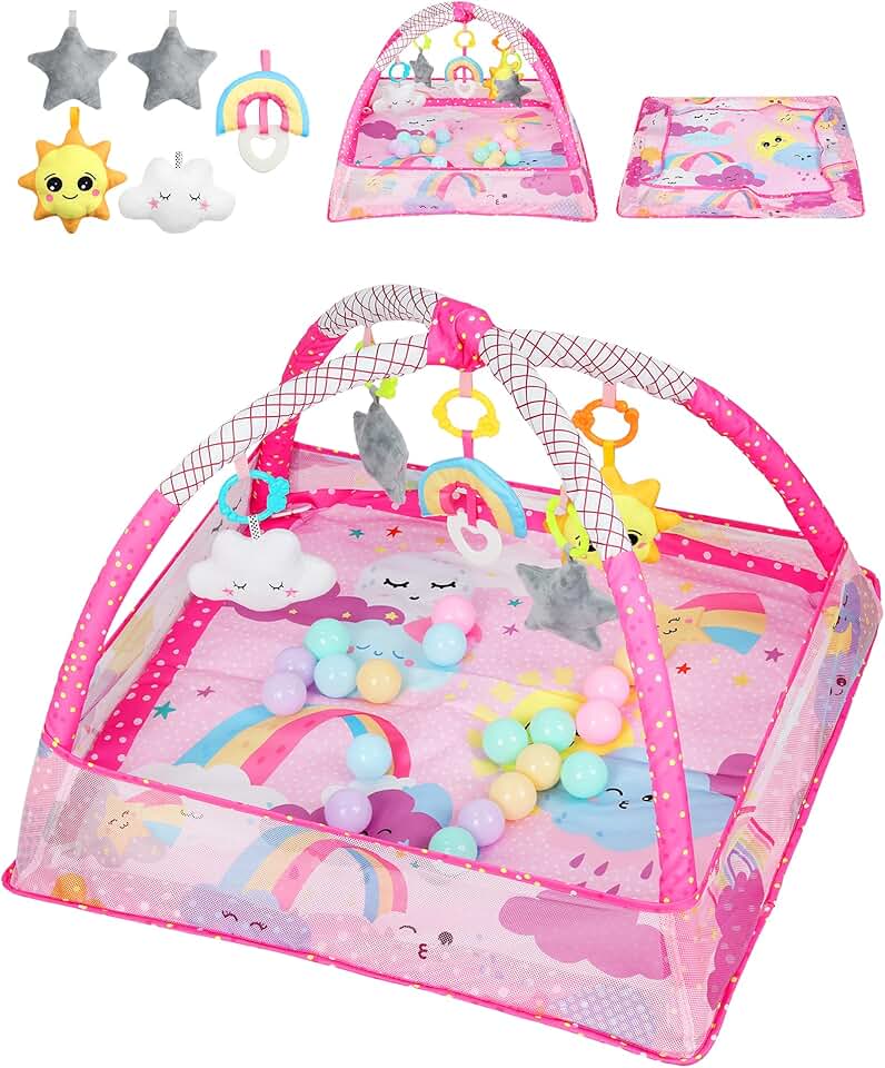 eSynic Baby Gym Gimnasio Bebé 7 en 1 Centro de Actividades Bebé Alfombra de Actividades Sensorial con 5 Juguetes Desmontables 18 Pelotas Parque de Juegos Bebé Malla de Seguridad 77x77x52cm Interior