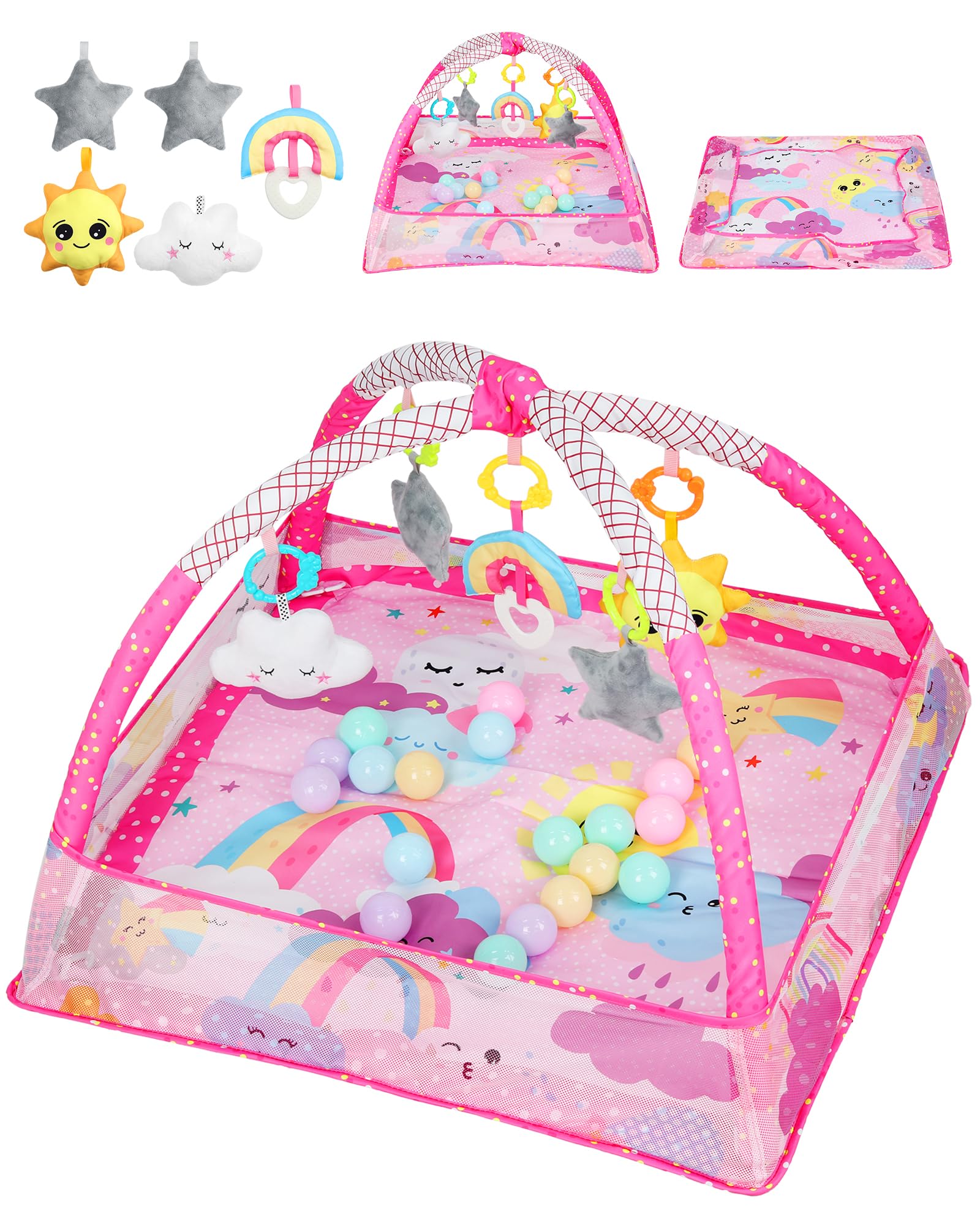 eSynic Tappeto Gioco per Neonati 77x77cm con 5 Giocattoli Sonori Sospesi Rimovibili, Piscina di Palline, Facile da Montare e Lavare, Sviluppo Sensoriale, Palestrina per Piccoli 0-18 Mesi - Cielo Rosa