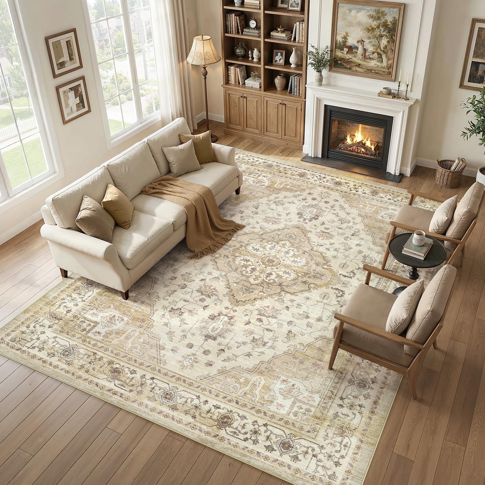 Photo 1 of 10x13 Living Room Area Rugs, Vintage Washable Rugs Non-Slip Large Carpet for Bedroom Office Dining Room Kitchen, Soft Thin Stain Resistant Retro Neutral Rug, Beige