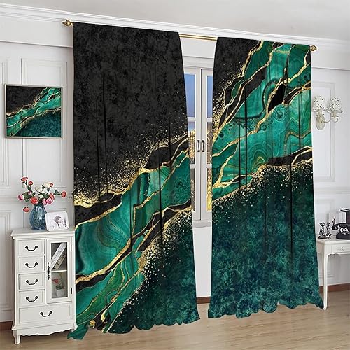 Miniatura 3 de ESPROUTTY Cortinas de mármol abstracto, malaquita verde y venas doradas, cortinas opacas para ventana, habitación, comedor, estilo japonés, 2