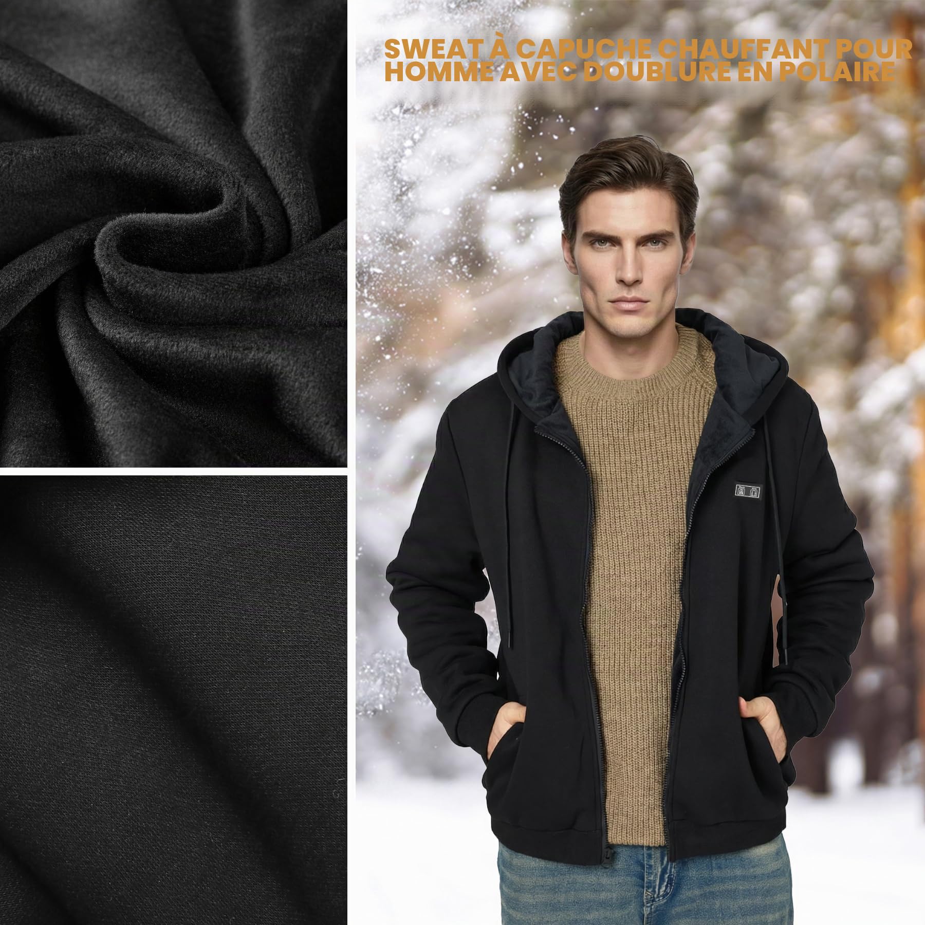 Sweat Chauffant Homme avec Batterie 7,4 V 16000 mAh Manteau Chauffant Homme Pull Chauffant Vetement Chauffant avec 3 Niveaux de Température