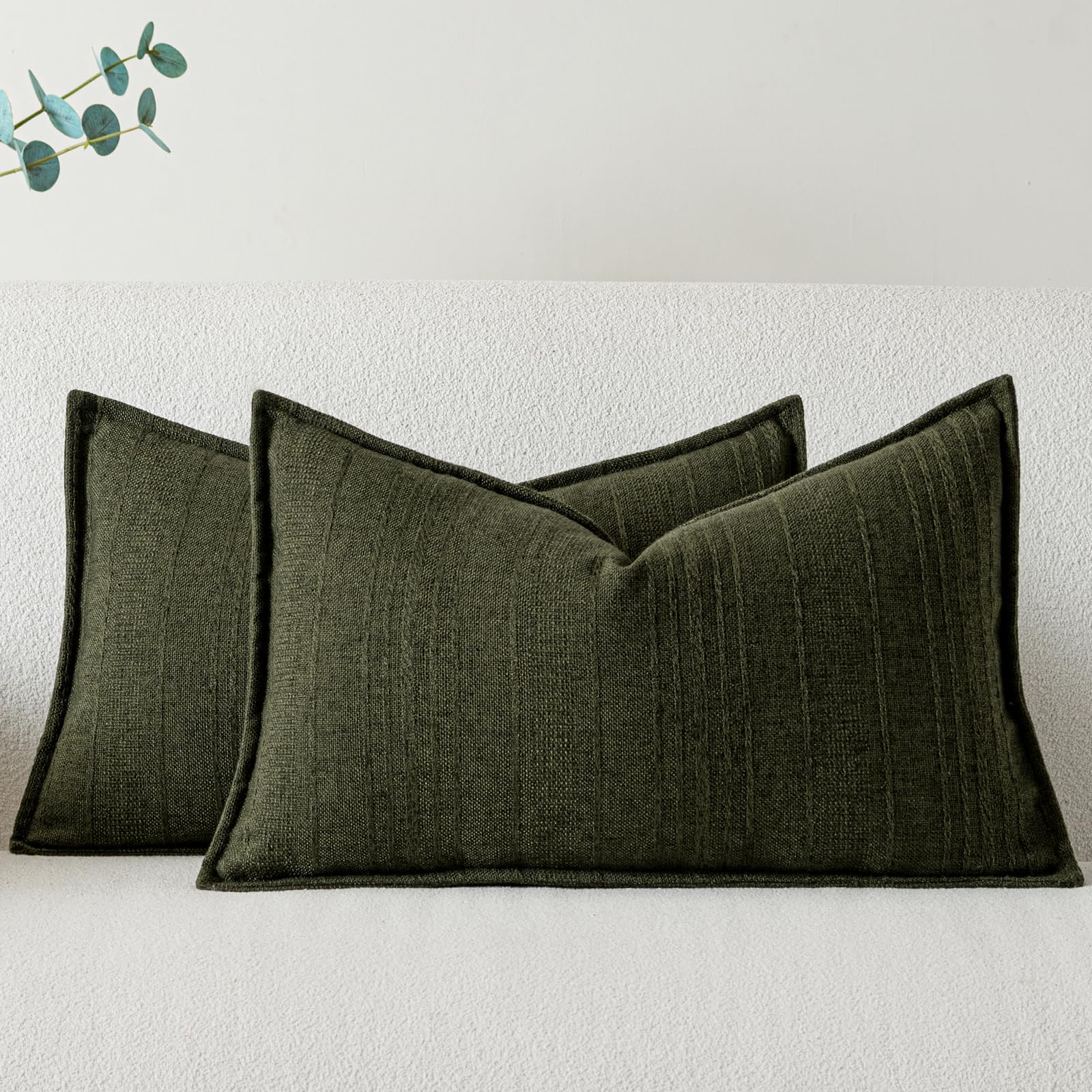 a moment Linen Pillow Covers Set of 2,Boho Farmhouse Throw Pillowcases Neutral Textured Decorative Covers for Couch Sofa,Linen Blend Accent Case Cushion Living Room Home Decor 20"x12"Dark Green Dark Green 20" x 12" (Pack of 2)