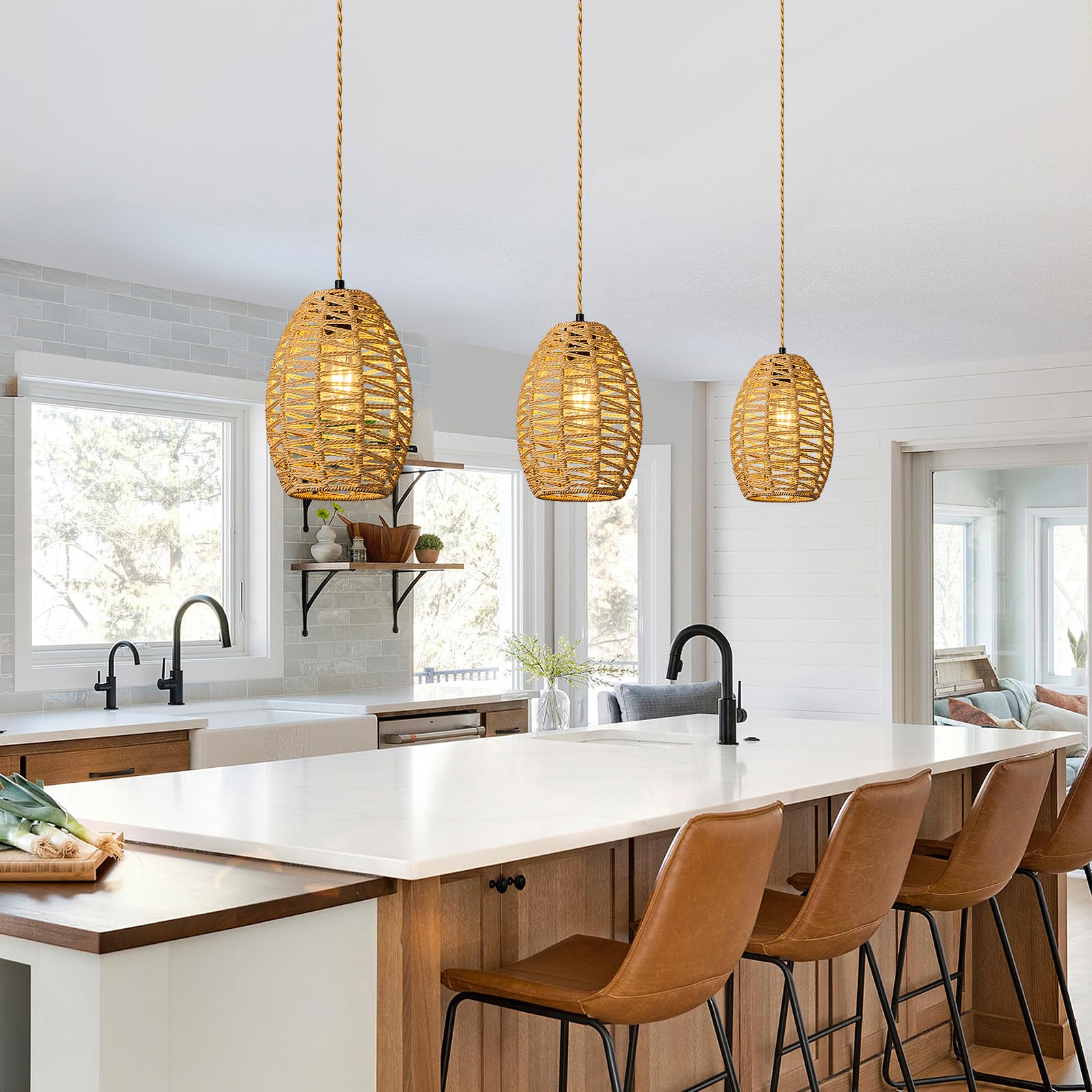 ZPBSJ Rattan Plug in Pendant Light Boho Chandelier Brown Height Adjustable Pendant Lights E27 Pendant Lamp for Bedroom Living Room Farmhouse(1Pack) - Image 3