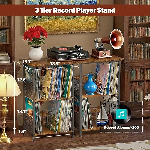Miniatura 3 de Soporte para tocadiscos, soporte para discos de vinilo de 3 niveles, soporte giratorio con 2 separadores y 4 pies ajustables, mesa para tocadiscos