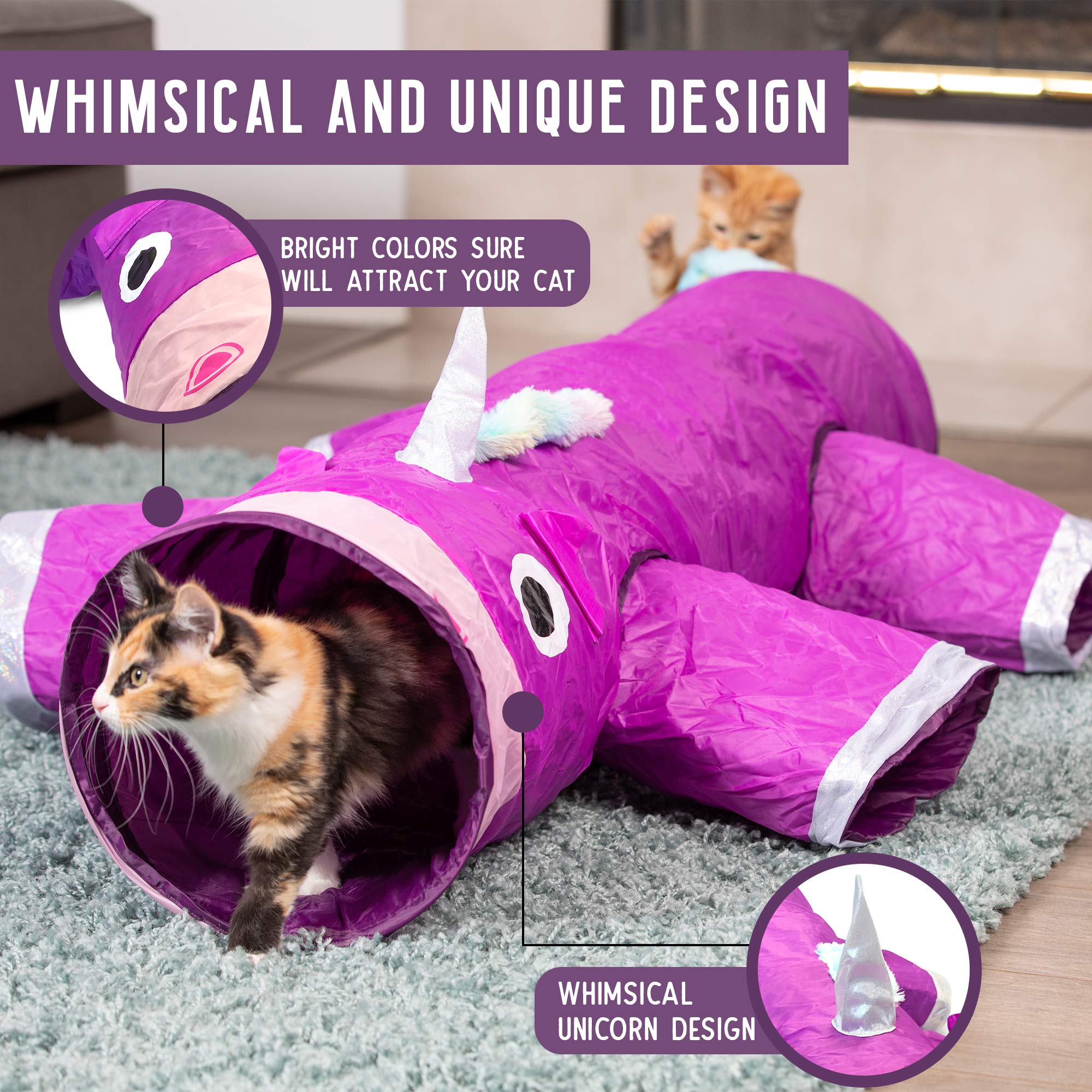 Pet Craft Supply Magic Mewnicorn - Túnel para Gatos con Cuerda de Plumas Arrugadas para Perros, Gatos, Conejos, Gatitos y cobayas para esconderse, Cazar y Descansar