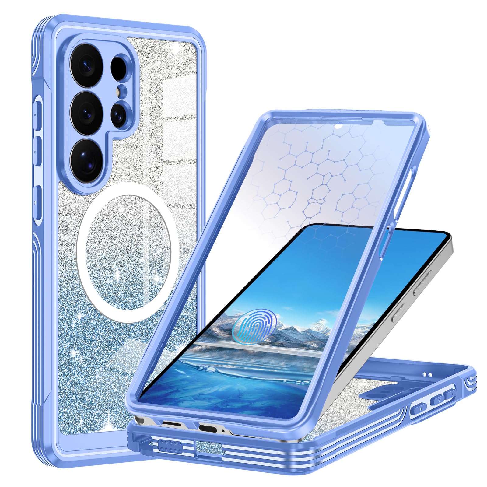 Custodia per Galaxy S Ultra, compatibile con MagSafe, custodia magnetica glitterata integrata con protezione dello schermo in vetro temperato 9H, custodia protettiva antiurto per Samsung