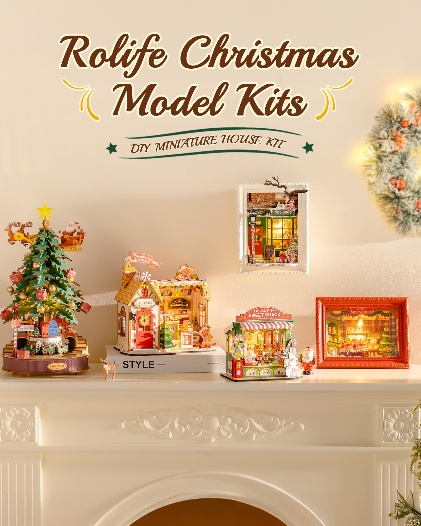 Rolife Casa delle Bambole di Natale Casetta Pan di Zenzero Kit Miniatura Fai-da-te Modello in Legno Decorazione Natalizia Regalo Creativo per Adulti e Ragazzi