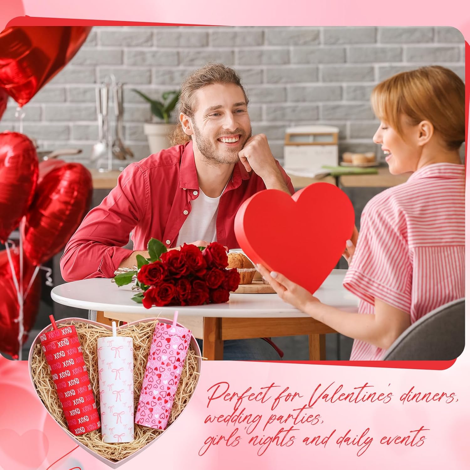 Honeydak 3 Pcs Valentines Tumbler Valentines Cups Gifts, 16oz Red White Pink Tumbler with Lid Straw Heart Bows Reusable Cups Plastic Travel Mugs for Women Galentines Wedding Anniversary Birthday - Image 5