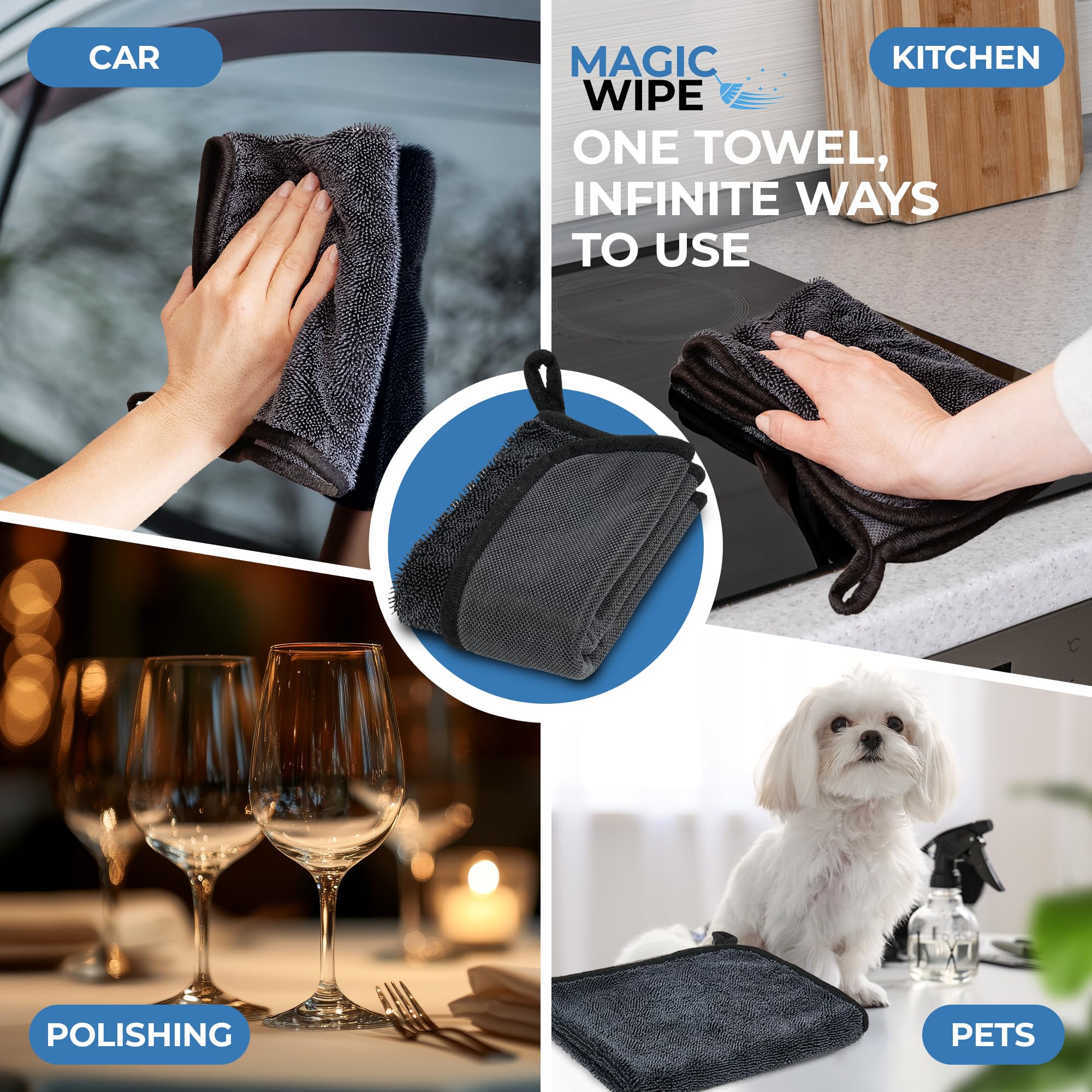 MAGIC WIPE Panno per asciugare il bagno, confezione da 6, 30 x 40 cm, panno multiuso in microfibra, panno per la pulizia senza striature e pelucchi, di alta qualità, per bagno, cucina, specchi, auto
