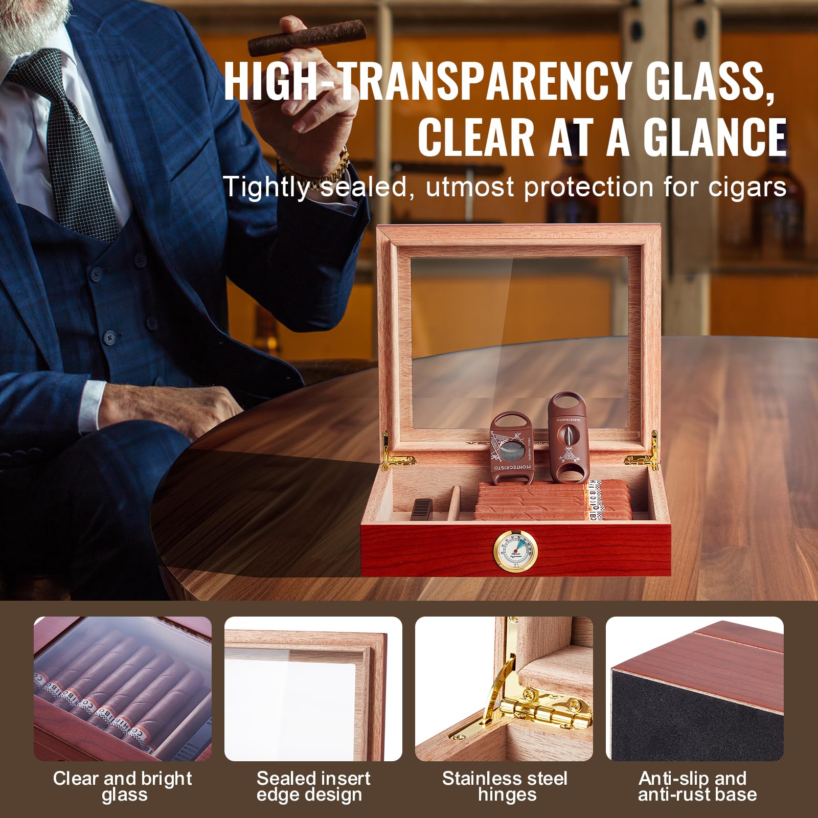 VEVOR Humidor na cygara, pudełko humidor ze szklaną pokrywką, ręcznie wykonane pudełko na cygara z hiszpańskiego drewna cedrowego, pudełko do przechowywania cygar z nawilżaczem i ścianką działową,