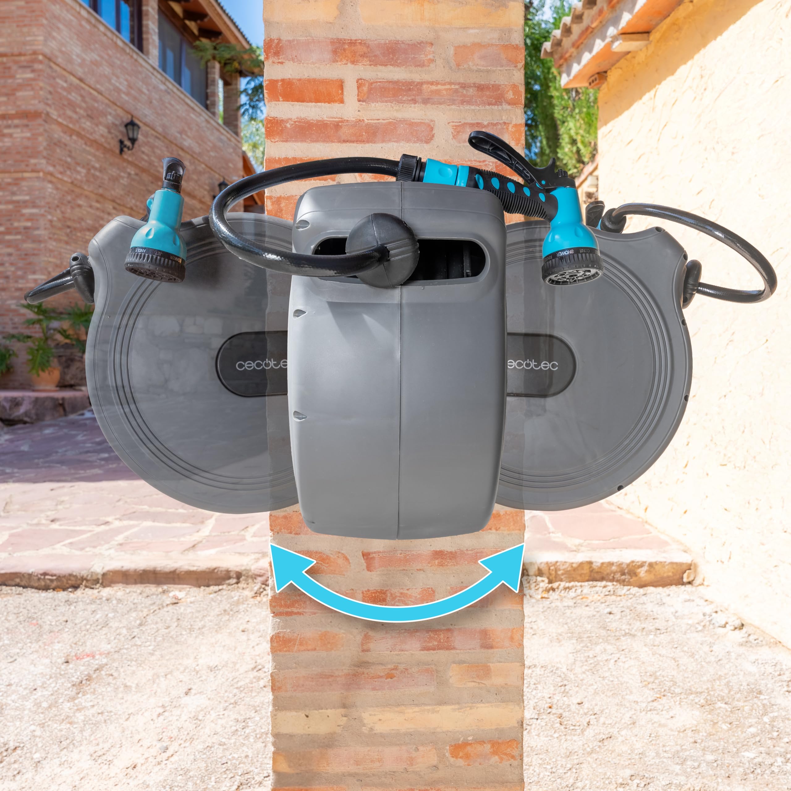 Cecotec Carrete de Manguera de 30m HydroShell 30. Enrollador Automático con SlowReturn Technology, Portátil y Ergonómico, Incluye Boquilla Simple y Pistola Pulverizadora, Conexión Universal 3in1