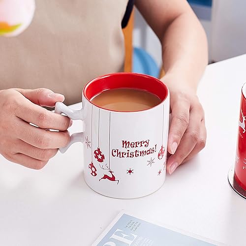 Miniatura 9 de Bruntmor Juego de 6 tazas de café divertidas de Navidad rojas y blancas con mango de estrella, tazas de Navidad de gran tamaño de 14 onzas, tazas de