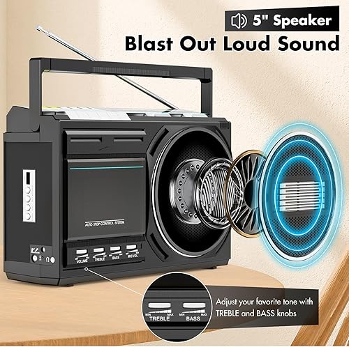 Miniatura 2 de Grabador de casete Boombox con Bluetooth Boom Box Radio portátil FMAMSW - Convertidor de cinta retro USB con conector para auriculares - Micrófono
