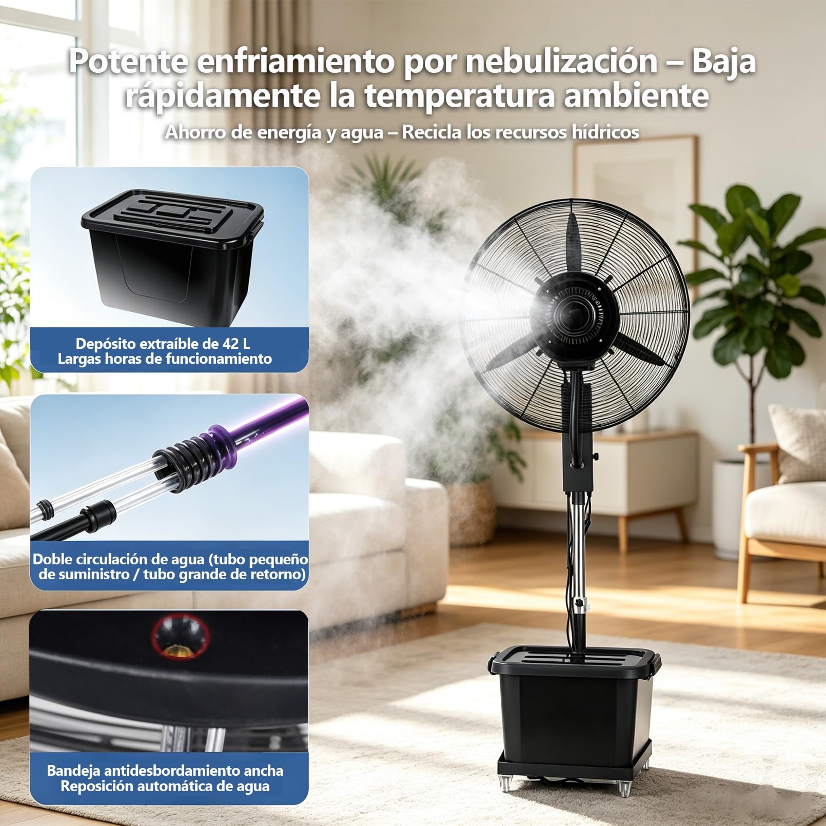 Ventilador Humidificador 42L con Nebulizador, 3 Velocidades, Altura Regulable 160-200cm, Oscilación 90°, Ruedas Pivotantes, Enfriador De Aire Portatil Ventiladores de Pie con Agua para Oficina(⌀71cm)