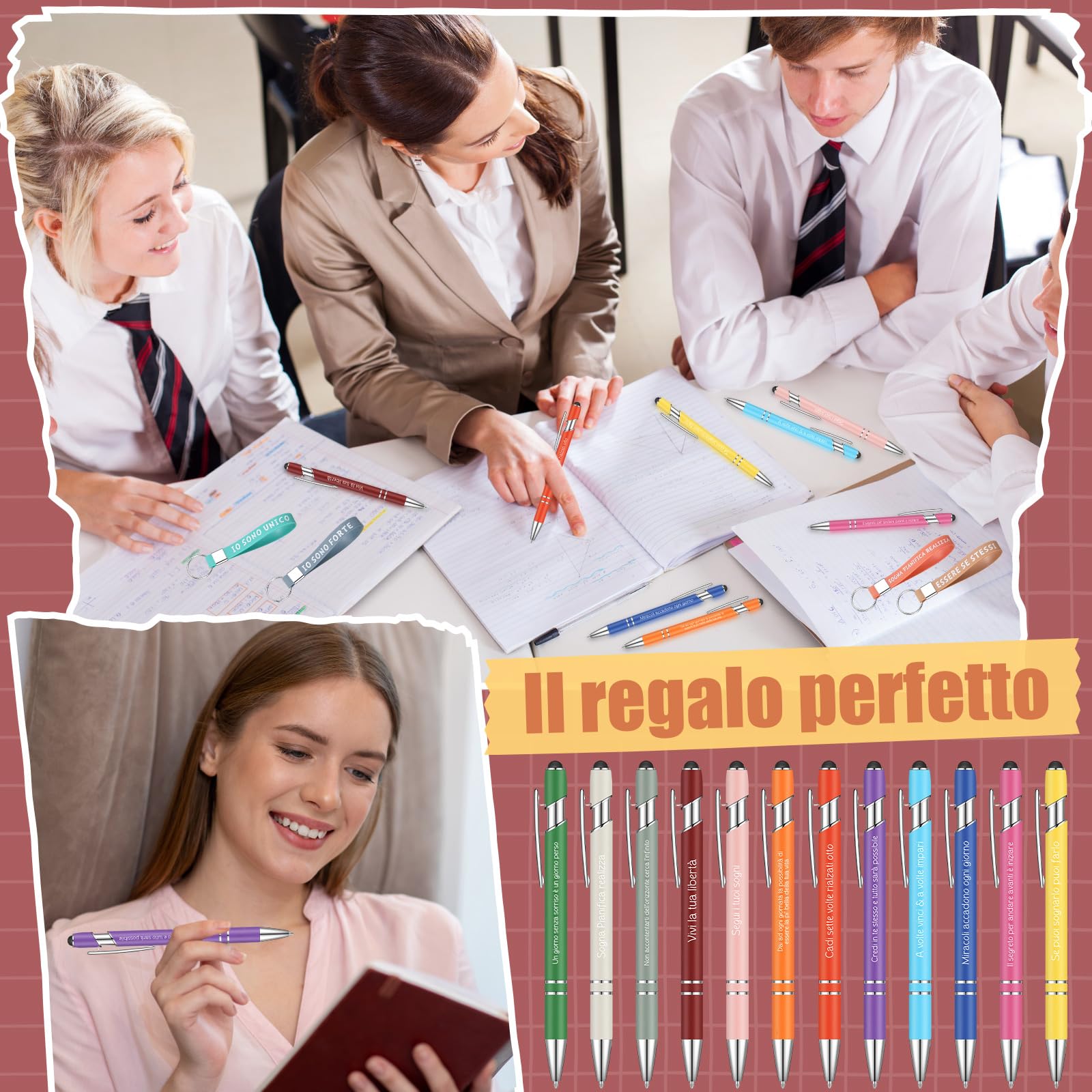 Jadive 12 Set de Regalo para Colegas Bolígrafos Motivacionales en Italiano Bolígrafo con Proverbios Llavero Motivacional de Silicona Bolsa de Organza Regalo para Empleados y Profesores