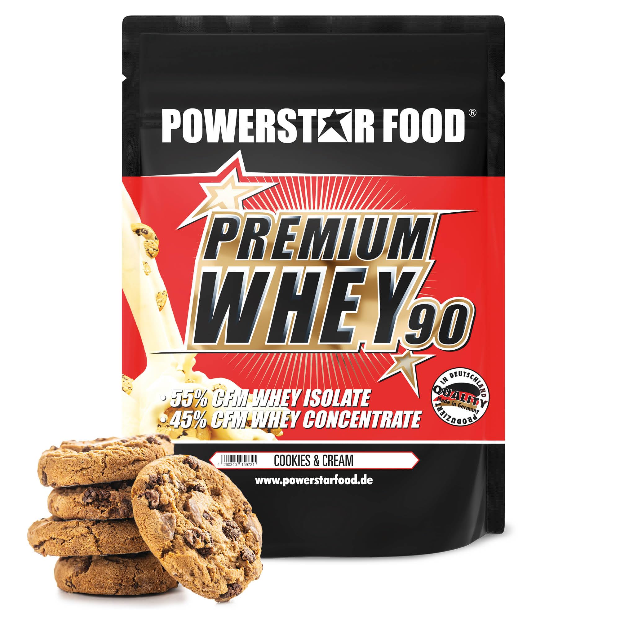 Powerstar PREMIUM WHEY 90 Poudre de Protéine 850 g | 80,6% Protéine | Whey Protein Powder | Produit en Allemagne | 55% Isolat de Whey CFM & 45% Concentrat CFM | Riche en EAA & BCAA | Cookies & Cream